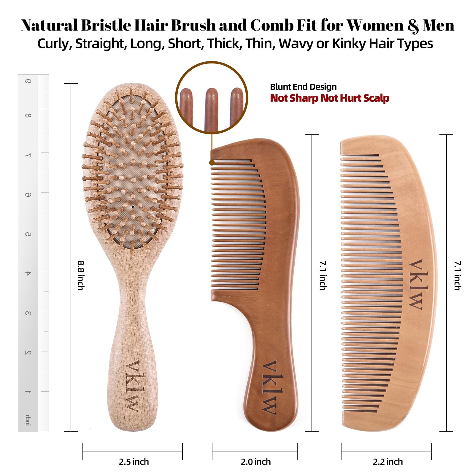 Brosse VKLW anti-statique en bois pour cheveux doux et sans frisottis.