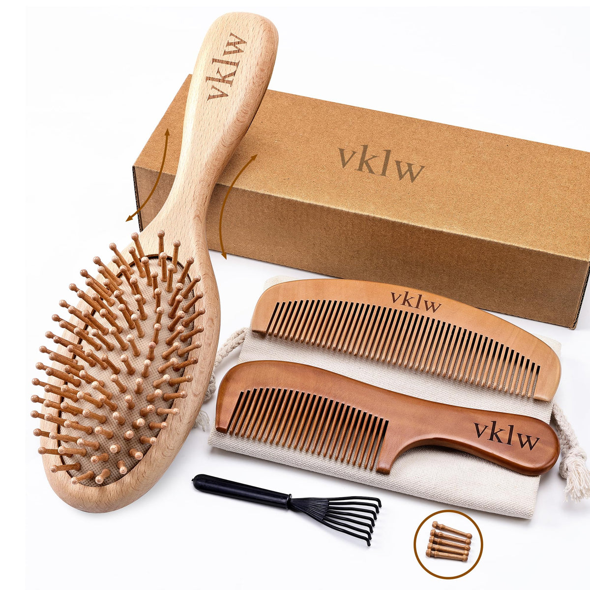 Brosse VKLW en bois monobloc pour démêler en douceur sans tiraillement.
