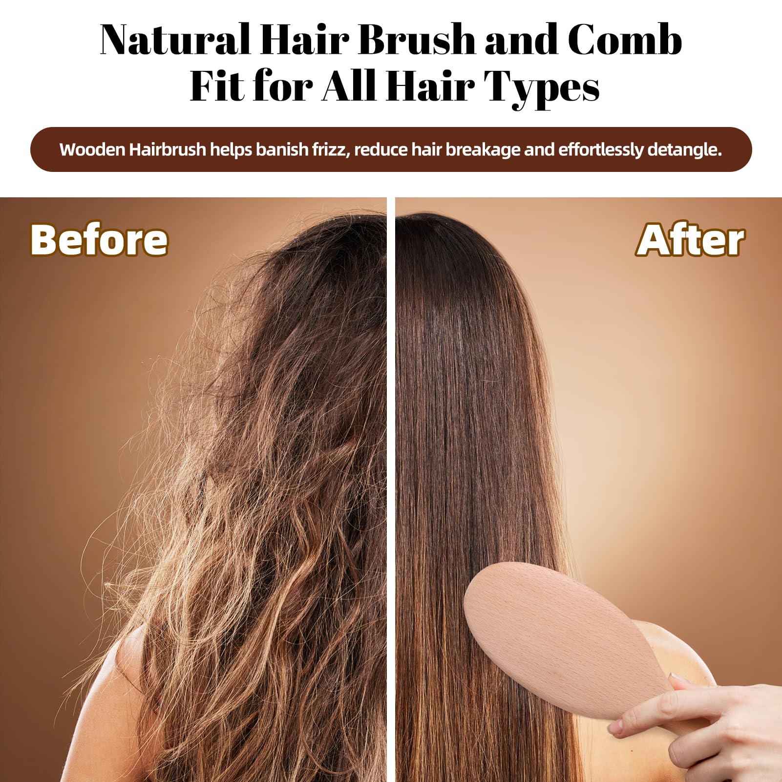 Ensemble brosse et peigne VKLW en bois, parfait pour tous types de cheveux.