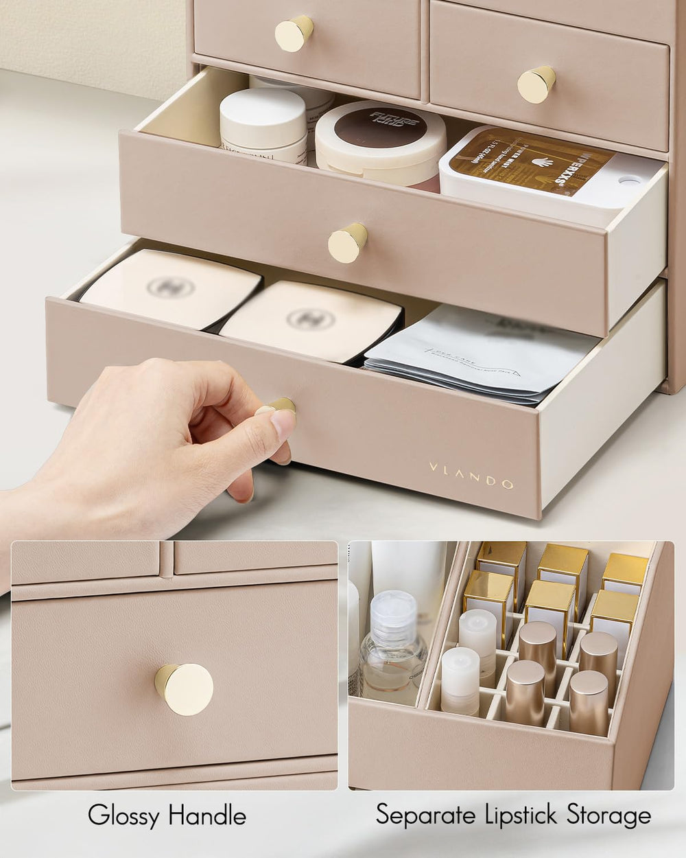 Vlando design chic en cuir PU toffee pour embellir votre vanity.