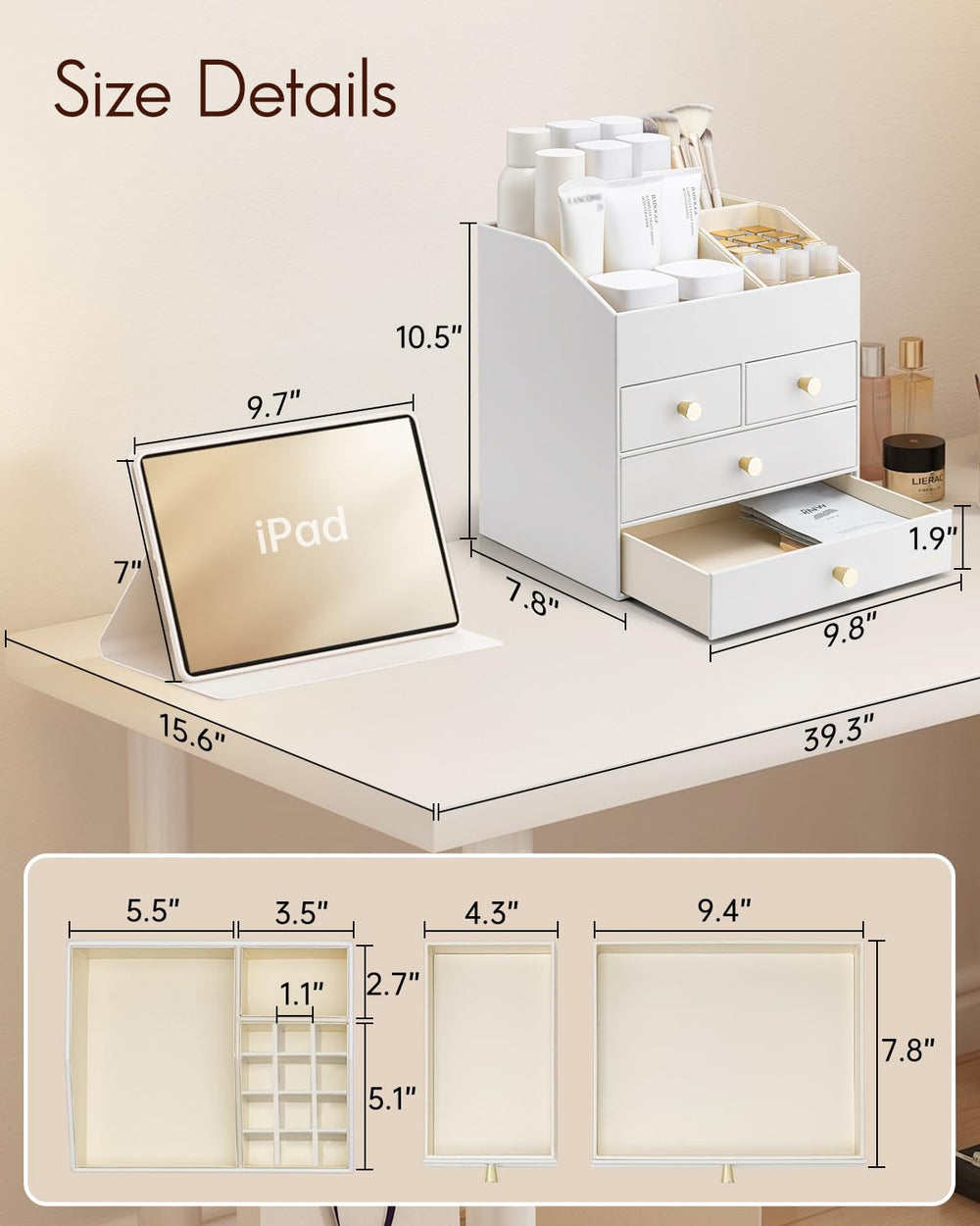 Compartiments supérieurs pour soins de peau et rangement clair.
