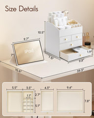Compartiments supérieurs pour soins de peau et rangement clair.