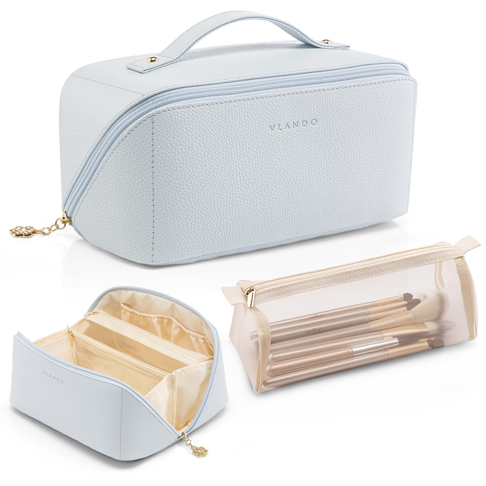 SAC Vlando Maquillage bleu bébé, ouverture pratique pour accéder rapidement aux produits.