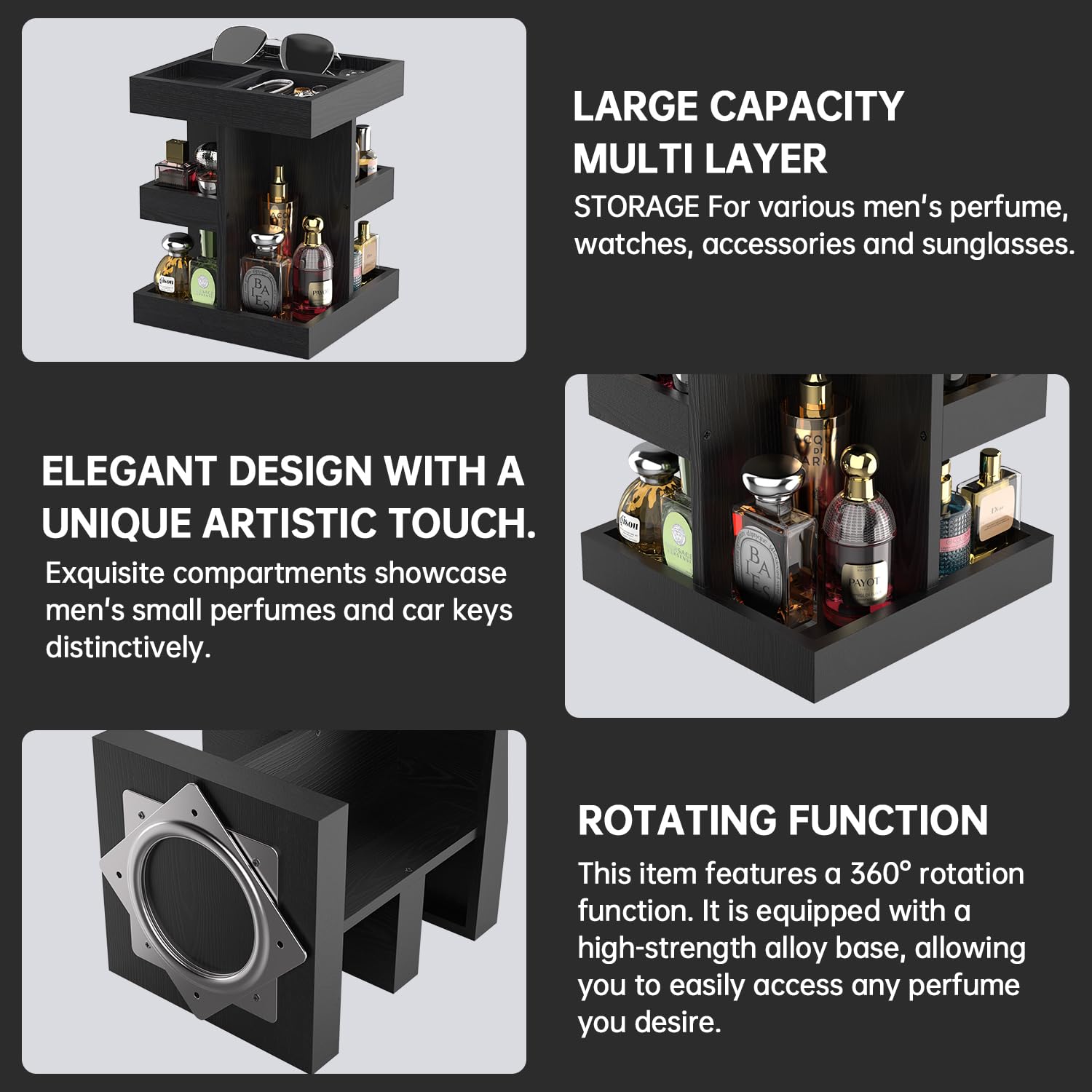 VLXXOI Étagères triples offrant un rangement polyvalent pour cosmétiques et parfums.