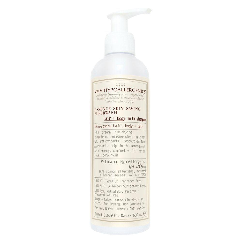 VMV Hypoallergenics Essence lait-shampooing en bouteille, soin doux pour cheveux et peau sensibles.