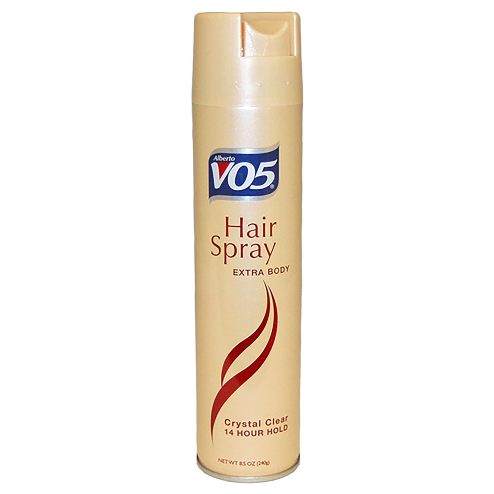 Vo5 Crystal Clear Spray — bouteille affichant une tenue durable et cheveux brillants