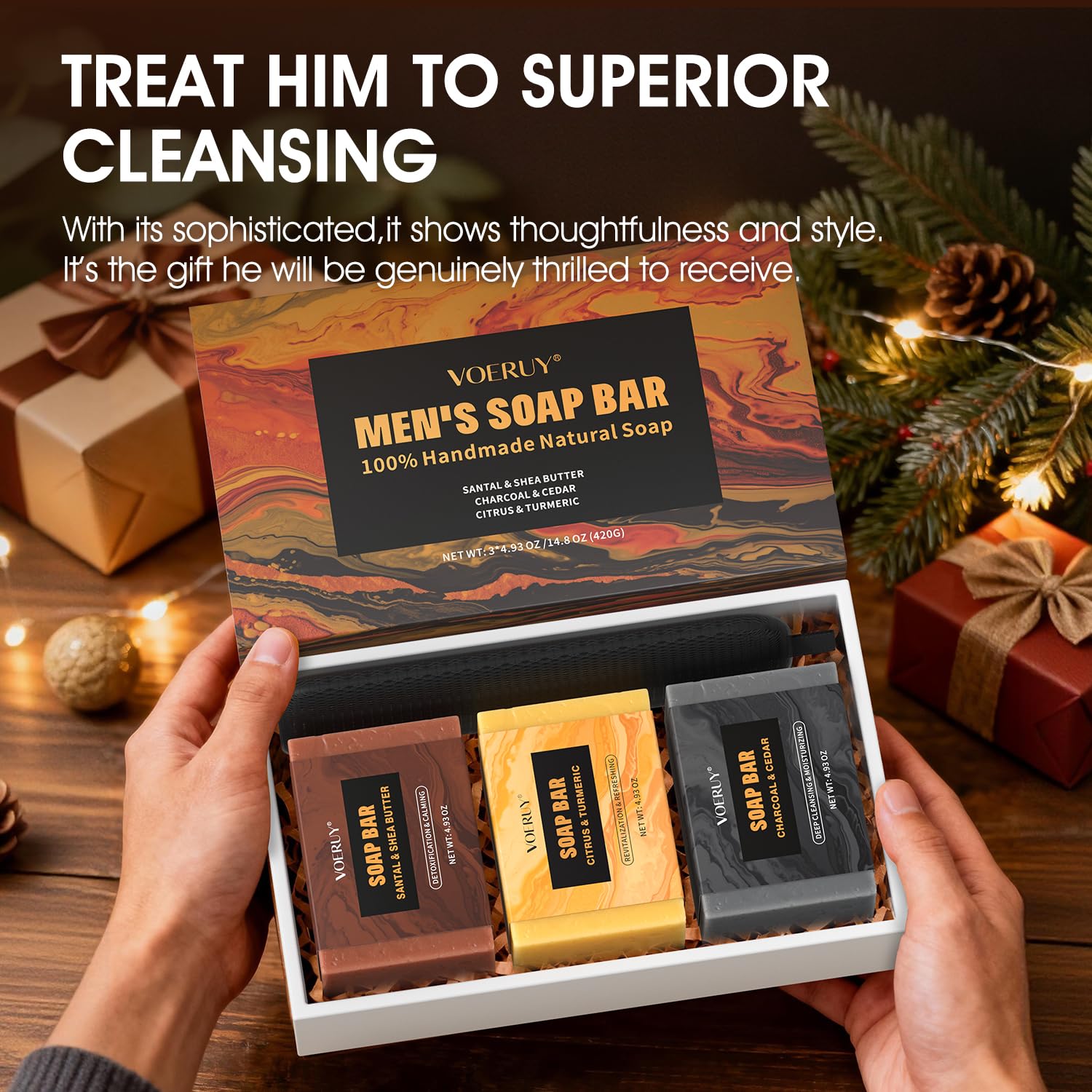 VOERUY savon homme, tranche-barre nette pour une douche rafraîchissante.