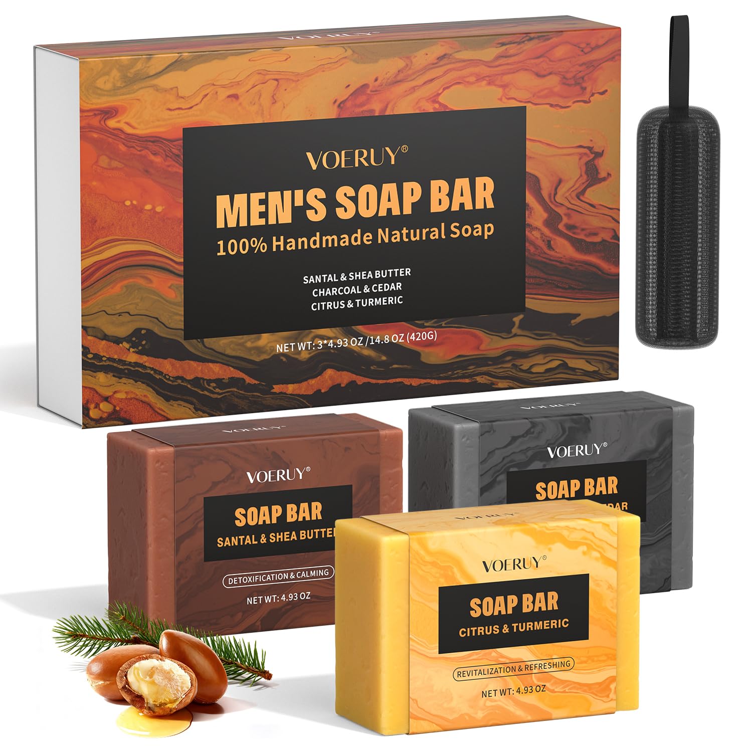 VOERUY savon homme, usage 4-en-1: corps, visage, mains et rasage.