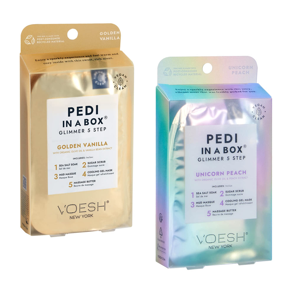 VOESH Pédicure en boîte Glimmer, présentation du kit spa prête à domicile.