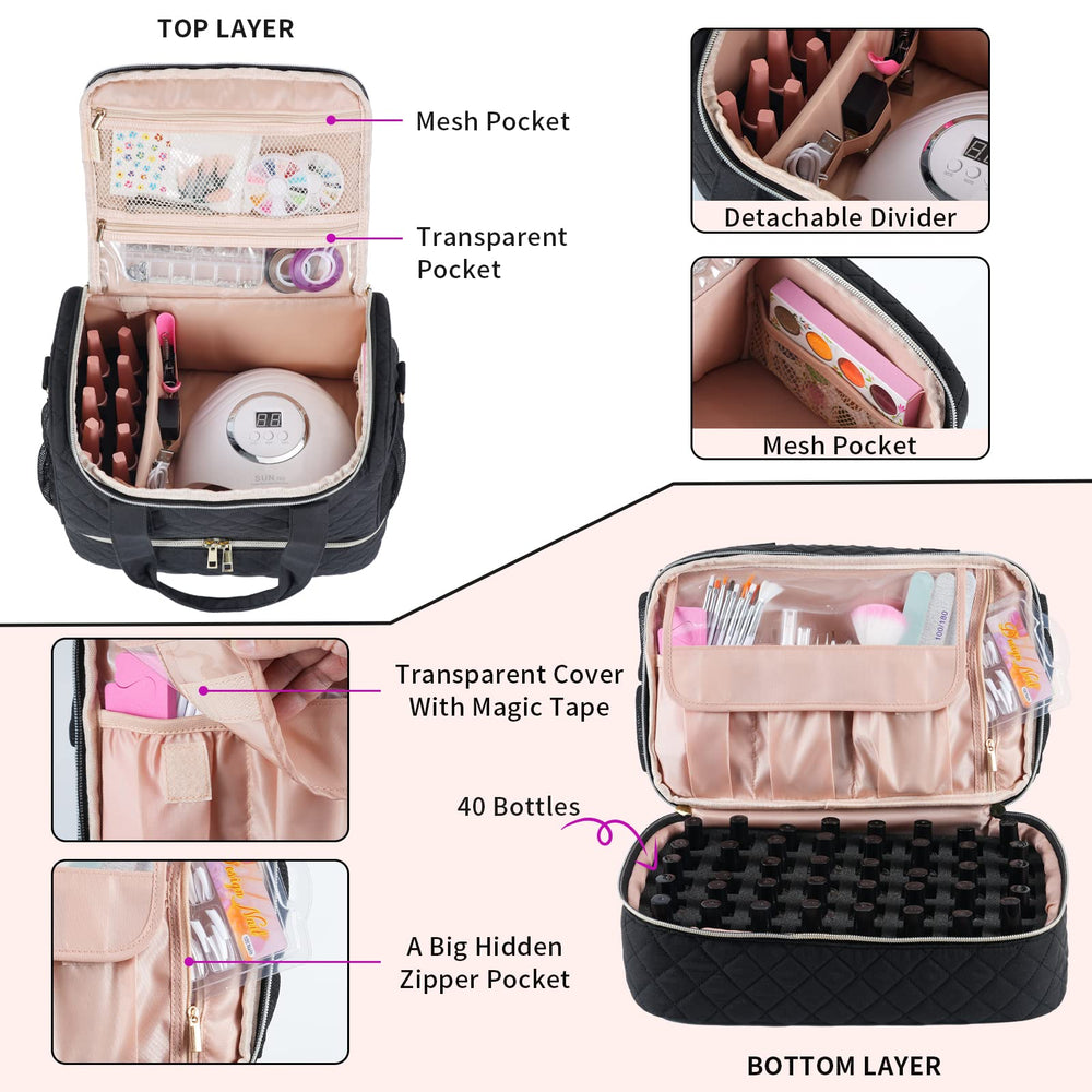 VOFIpremiAm Organisateur Vernis Noire avec poches latérales pour dissolvant et accessoires.
