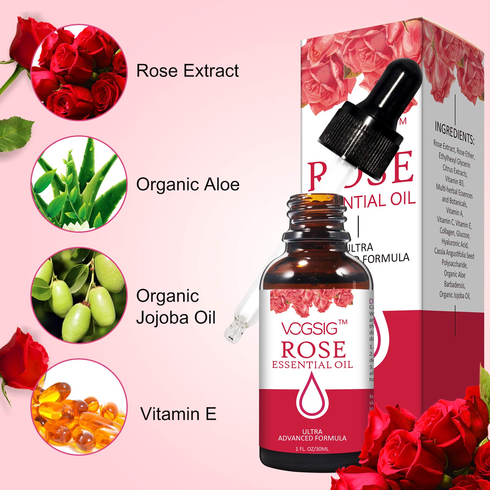 VOGSIG Rose Bouteille Rose 30ml – présentation élégante pour aromathérapie.