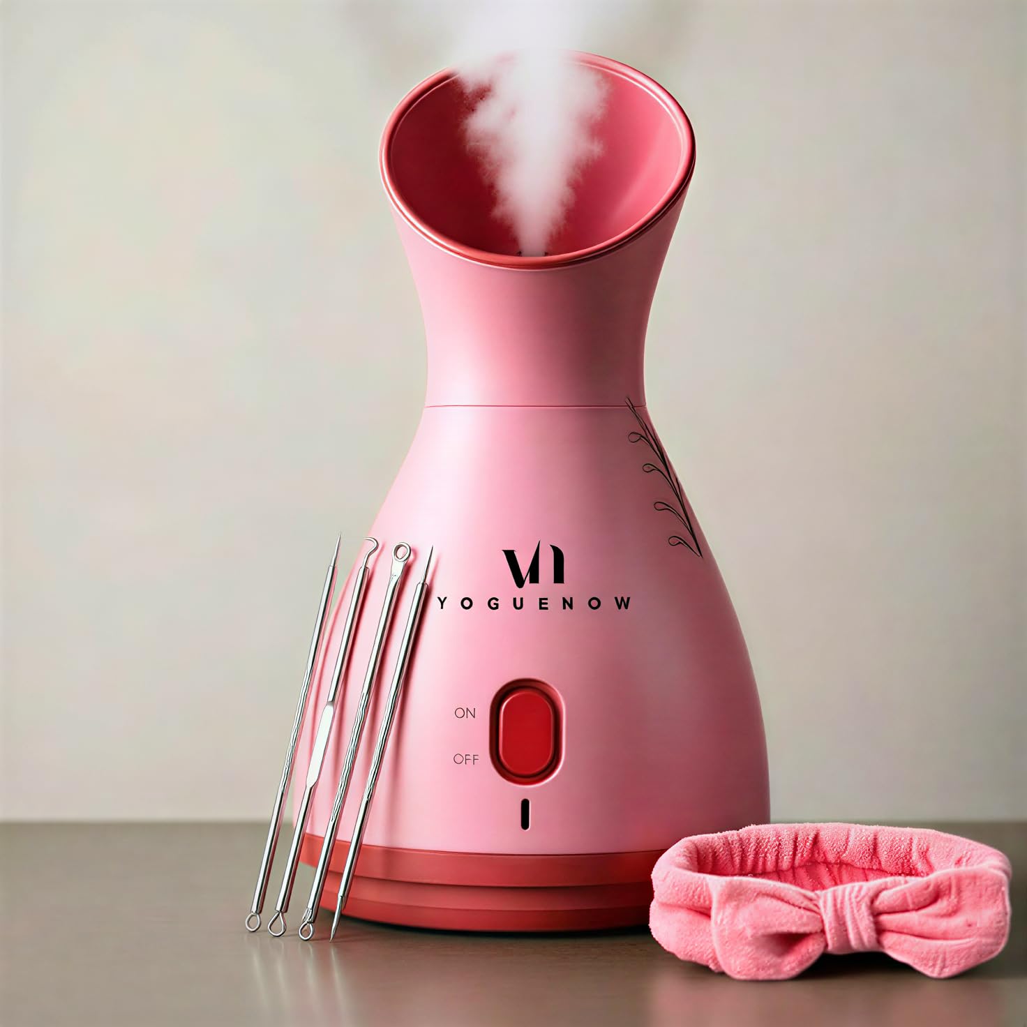 VogueNow Facial Steamer Spa Kit présenté sur présentoir pour routine spa à domicile.