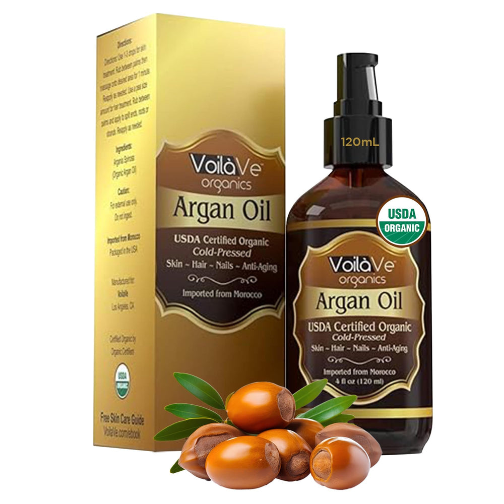 VoilaVe huile d'argan pure en bouteille, hydratation légère pour peau.