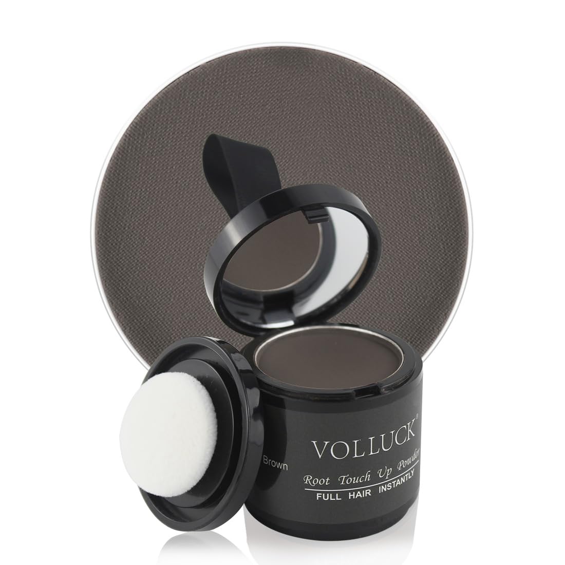 VOLLUCK Poudre de retouche racines brun foncé, compacte avec miroir pour retouches rapides.