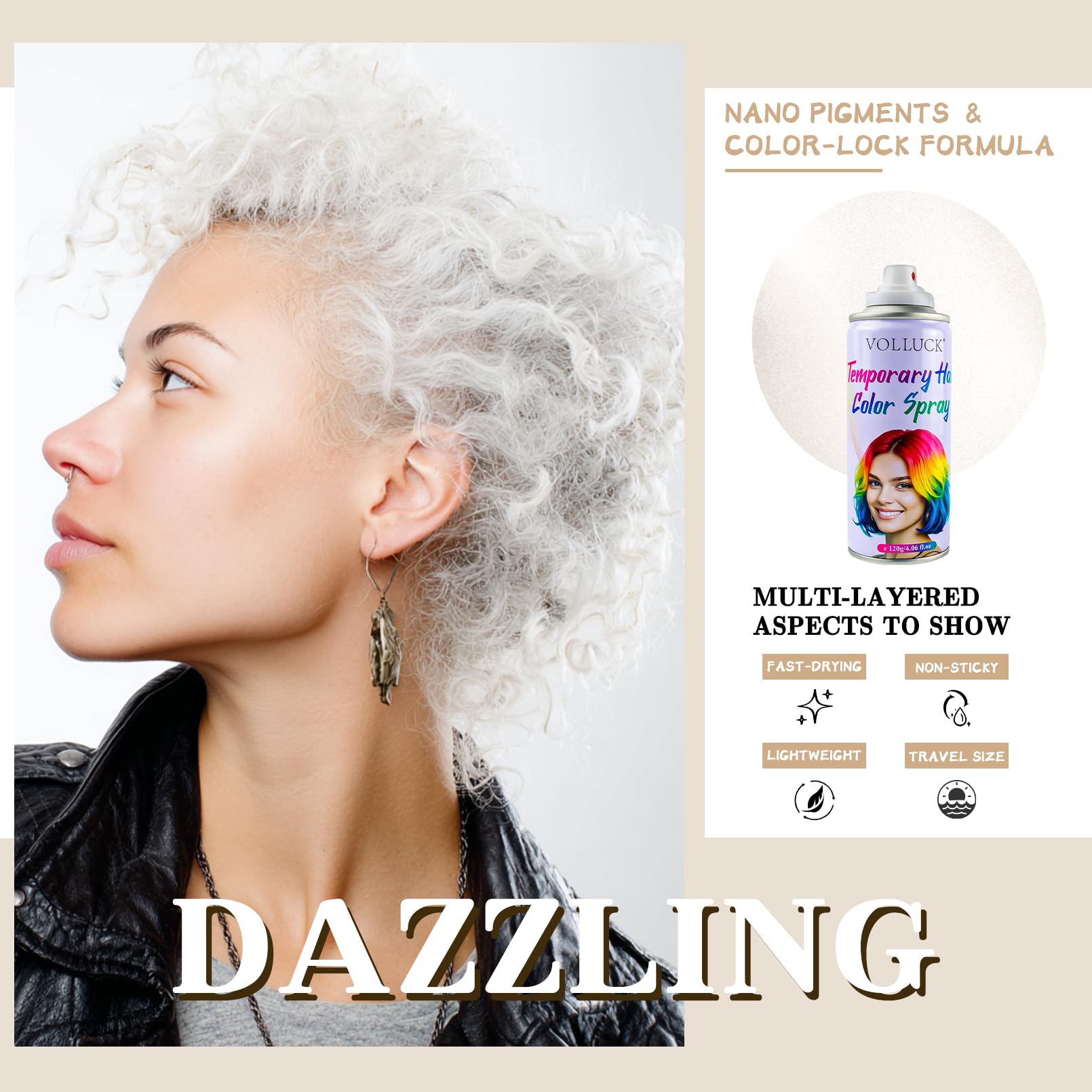 VOLLUCK spray-cheveux blanc, seche rapidement sans effet collant