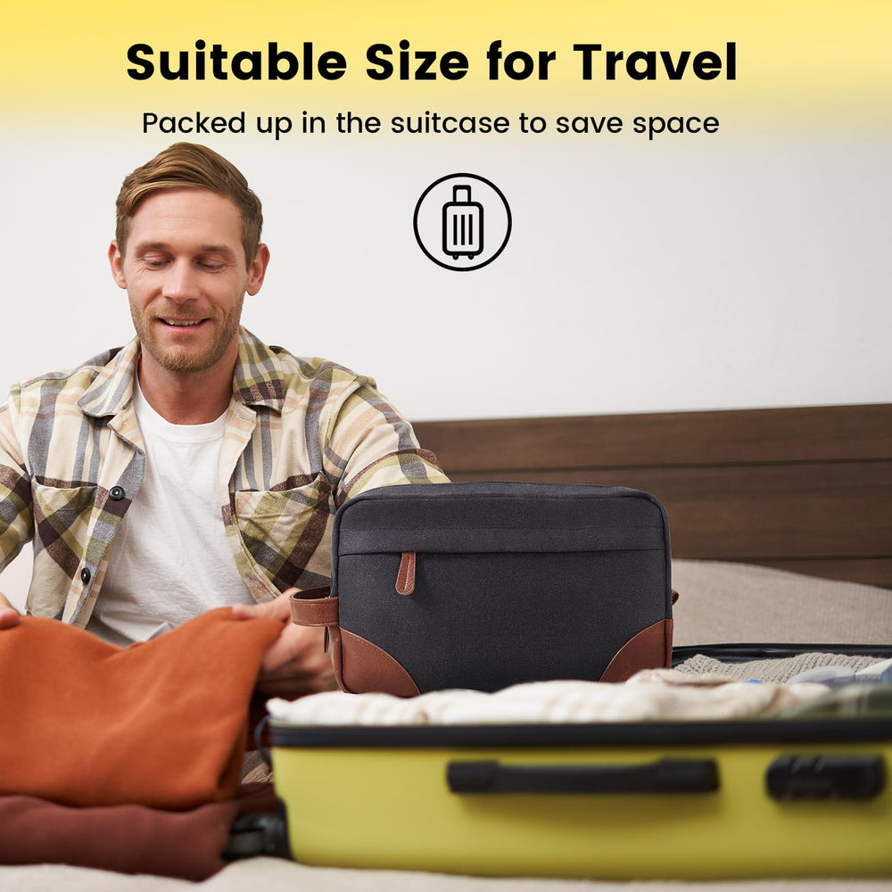 Vorspack sac de toilette voyage avec poignée en cuir et base renforcée.