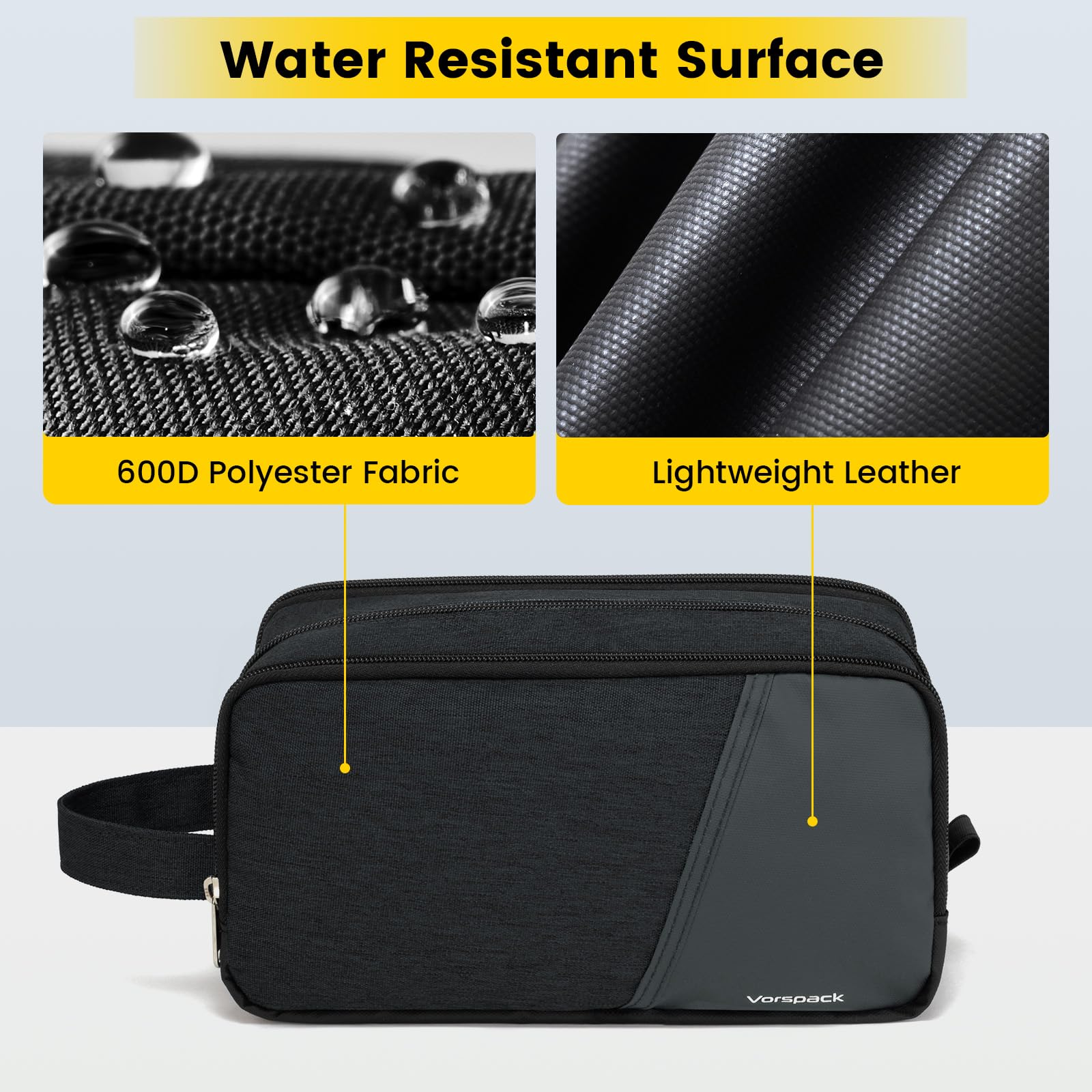 Vorspack sacoche toilette voyage, poche latérale et compartiment étanche pour séparer humide et sec.