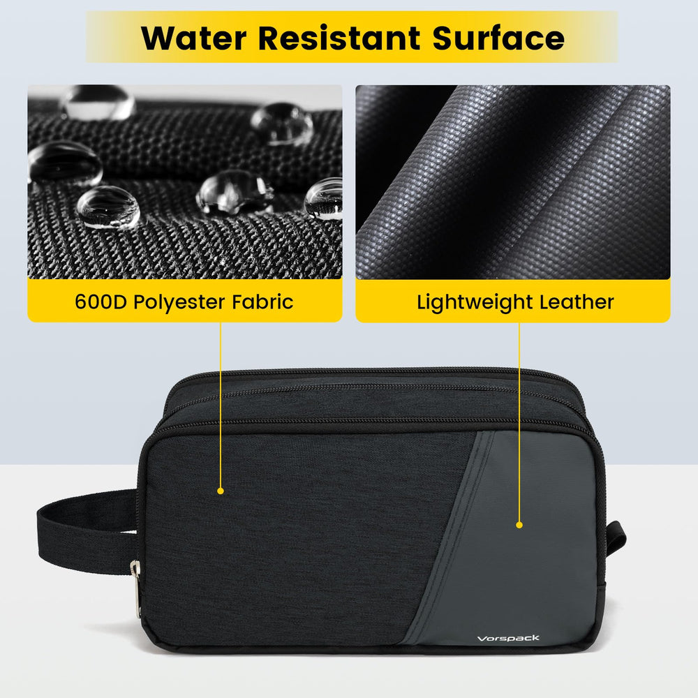 Vorspack sacoche toilette voyage, poche latérale et compartiment étanche pour séparer humide et sec.