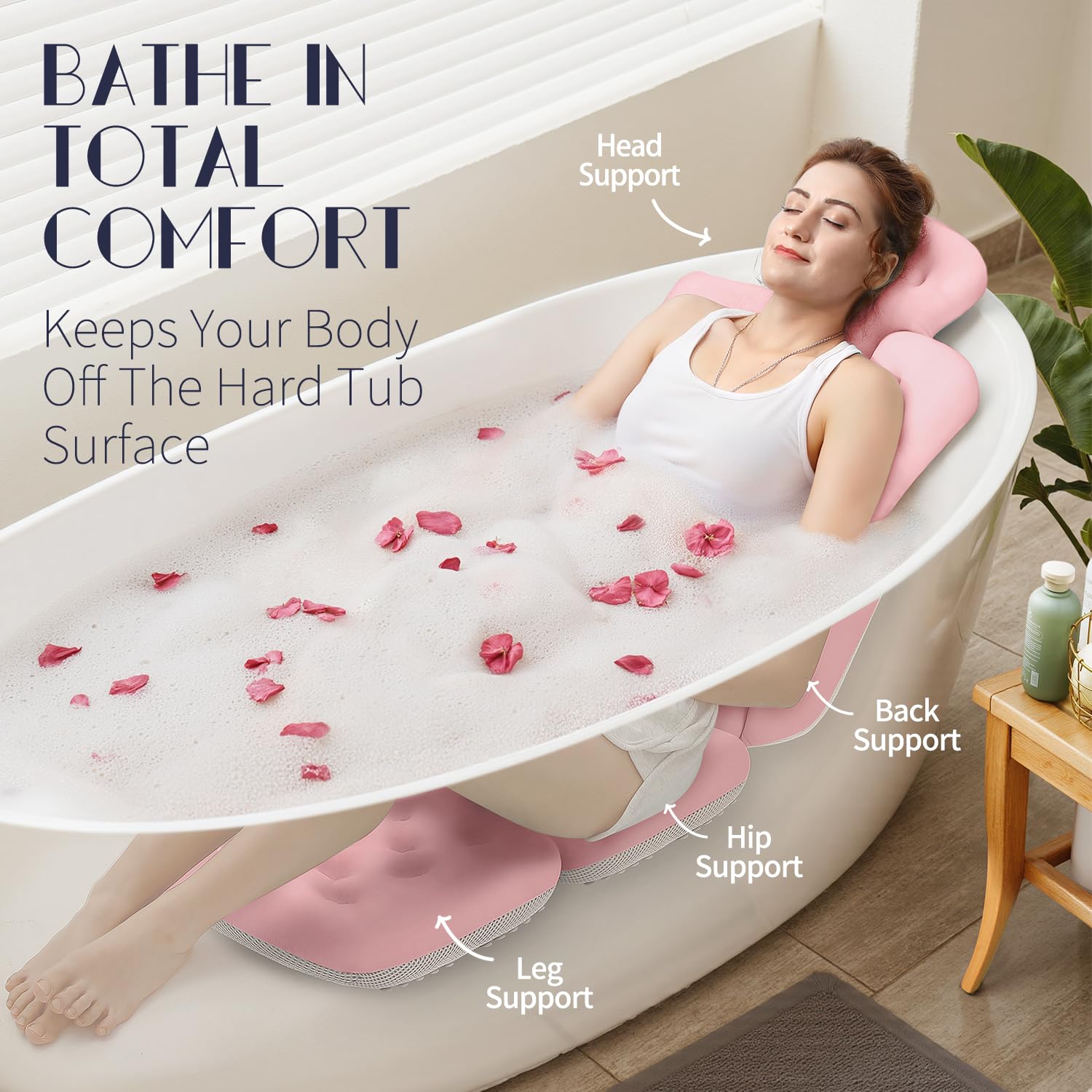 VOXOR coussin bain rose en action, soutien tête et dos pendant la baignade.