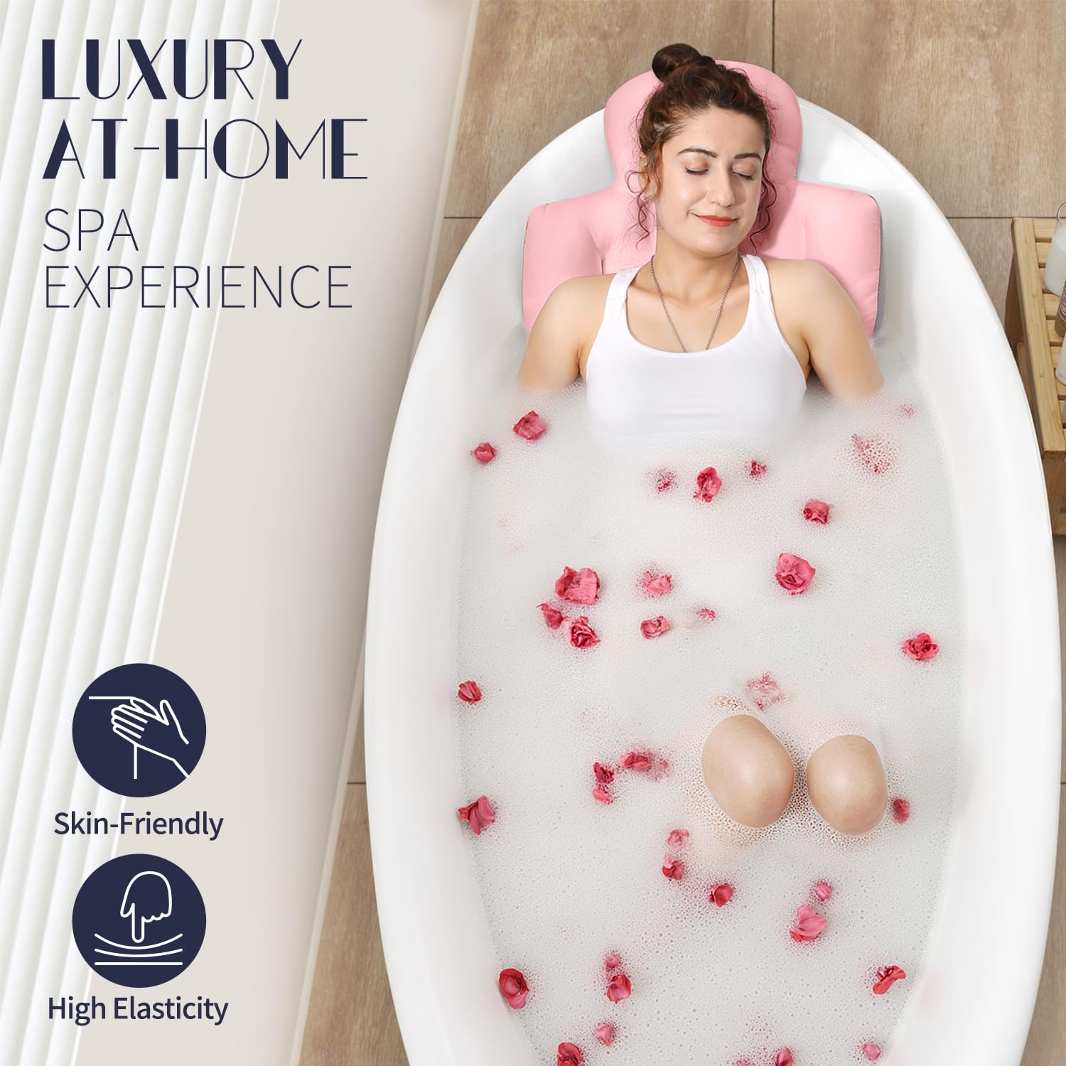 VOXOR oreiller bain corporel rose, face inférieure avec ventouses anti-glisse pour surface lisse.