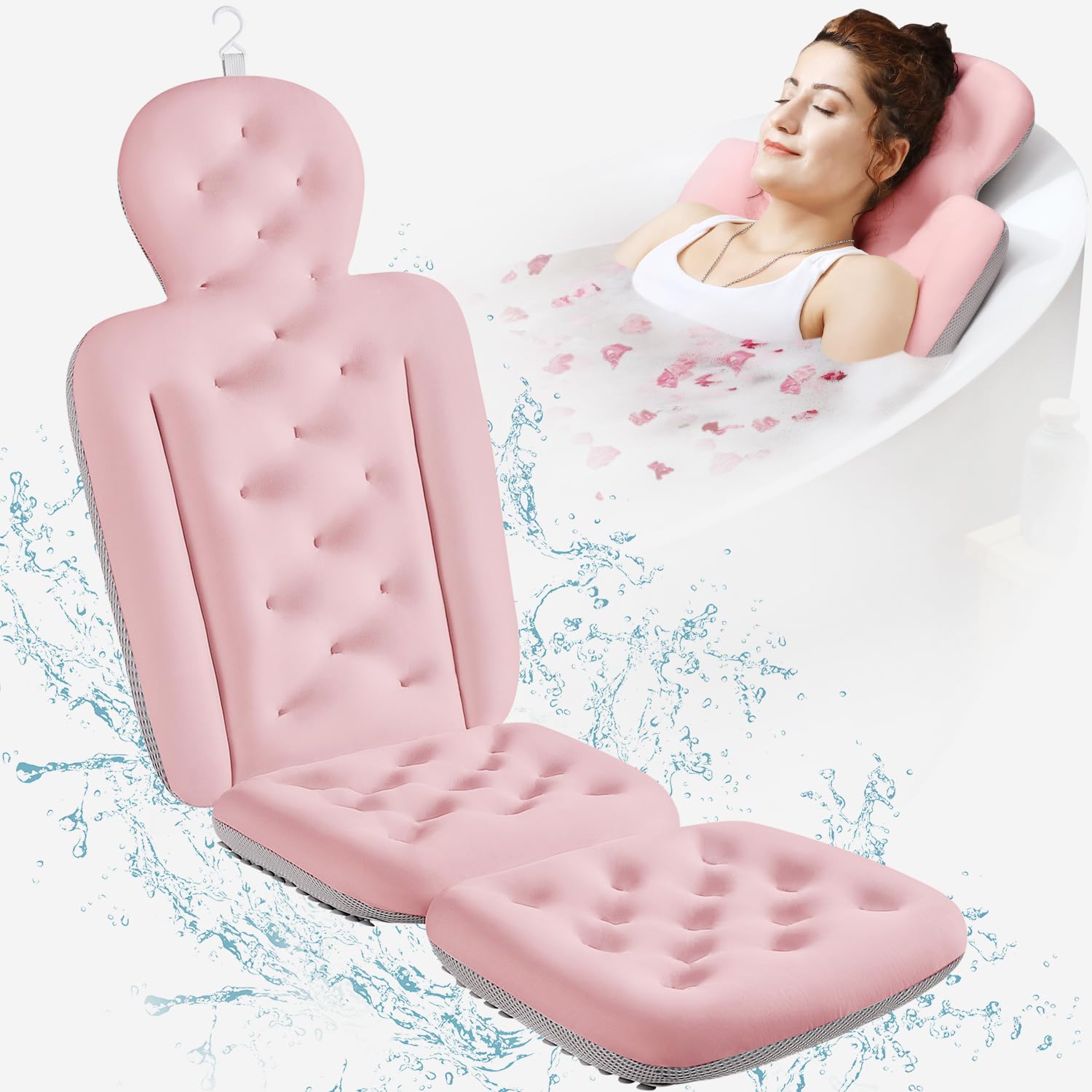 VOXOR oreiller bain corporel rose en action, détente et confort lors d’un bain.