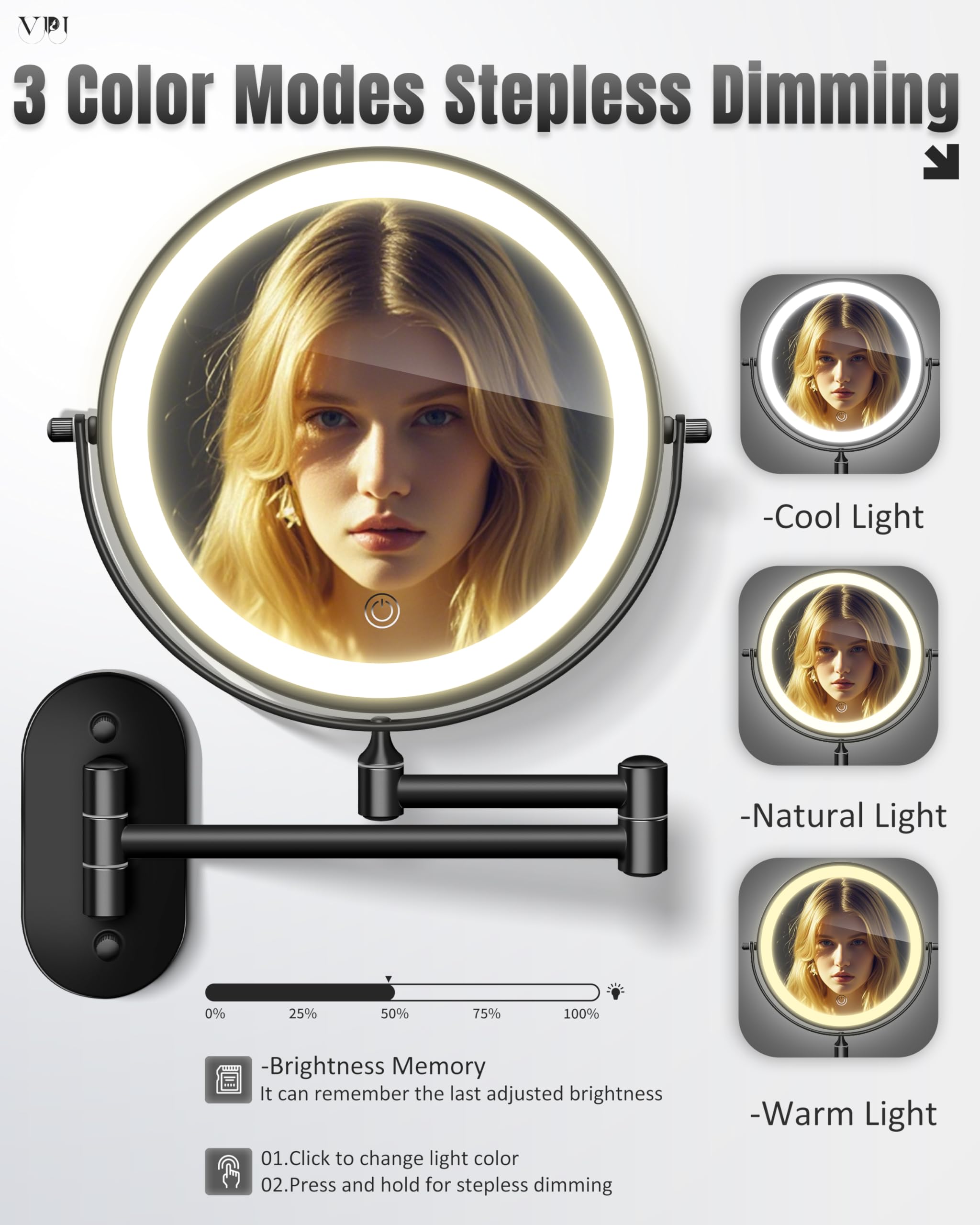 Éclairage à 3 couleurs sur le miroir vpu pour s'adapter à l'ambiance.