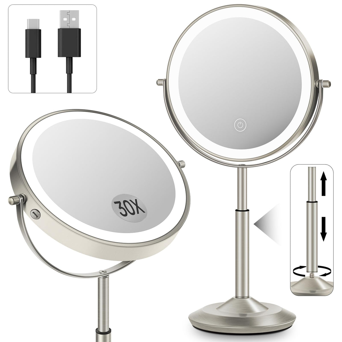Miroir vpu avec lumière active et zoom 30X pour un maquillage précis