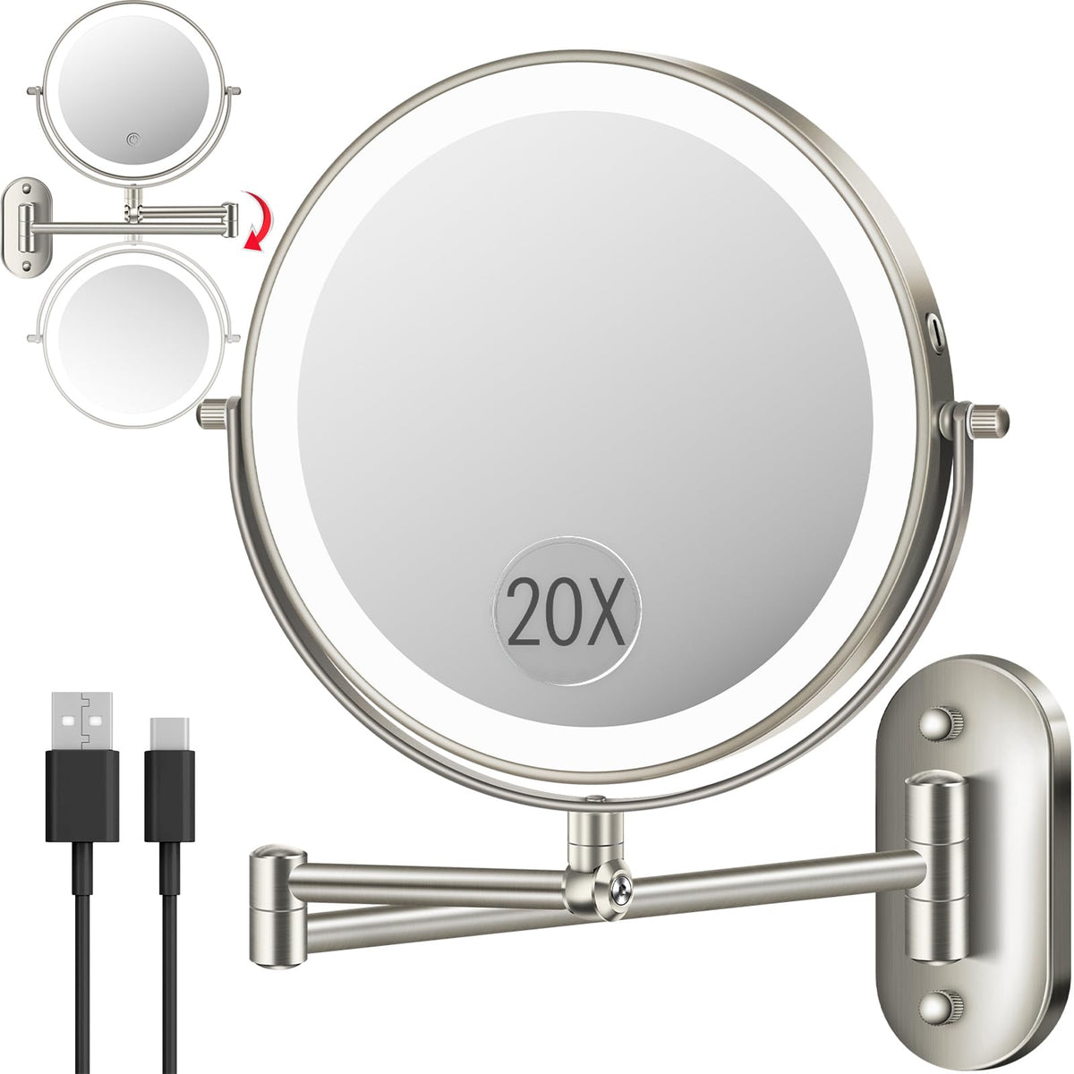 Miroir mural VPU 9 pouces avec éclairage intégré pour maquillage.
