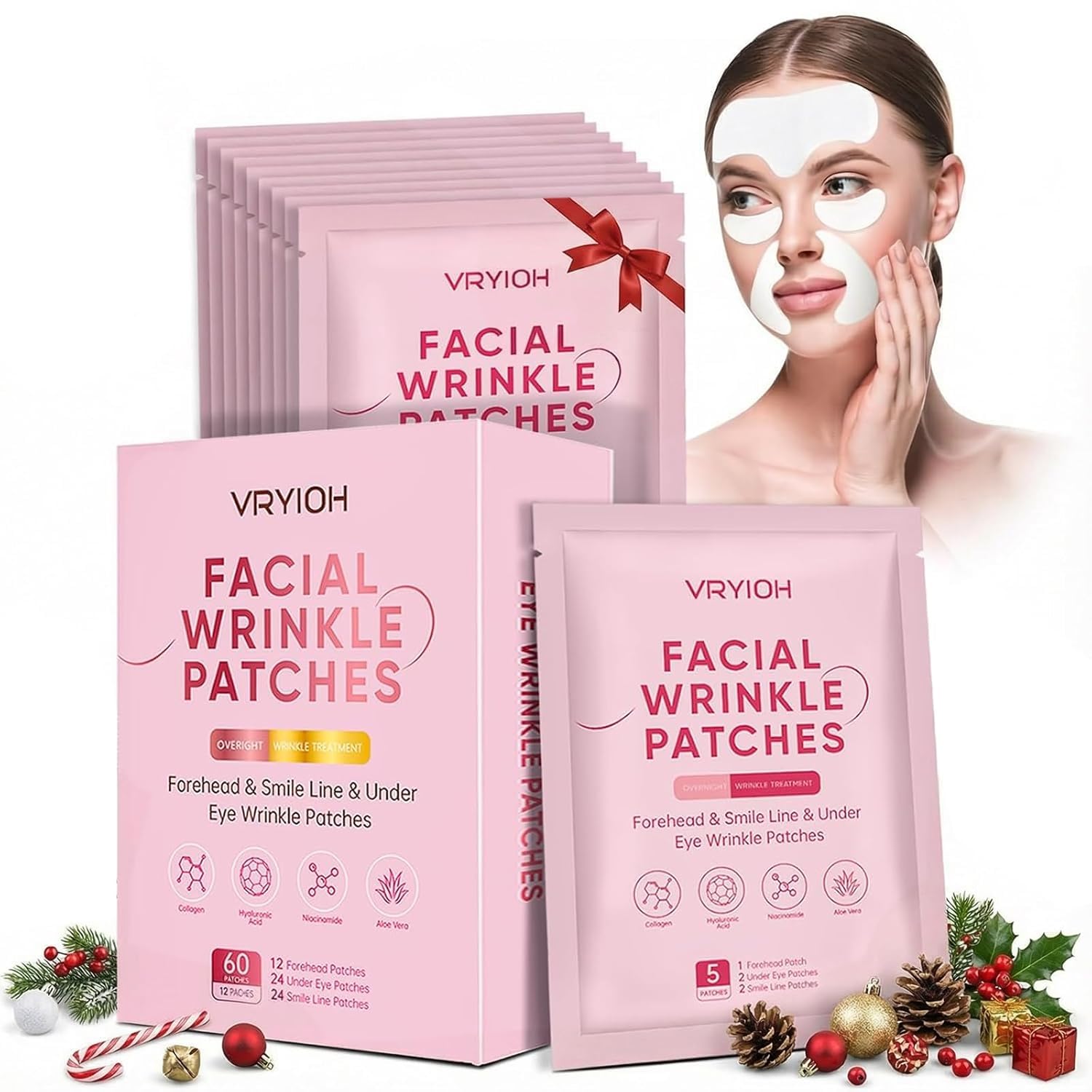 Boîte Vryioh présentant les patchs visage pour une routine nocturne hydratante.
