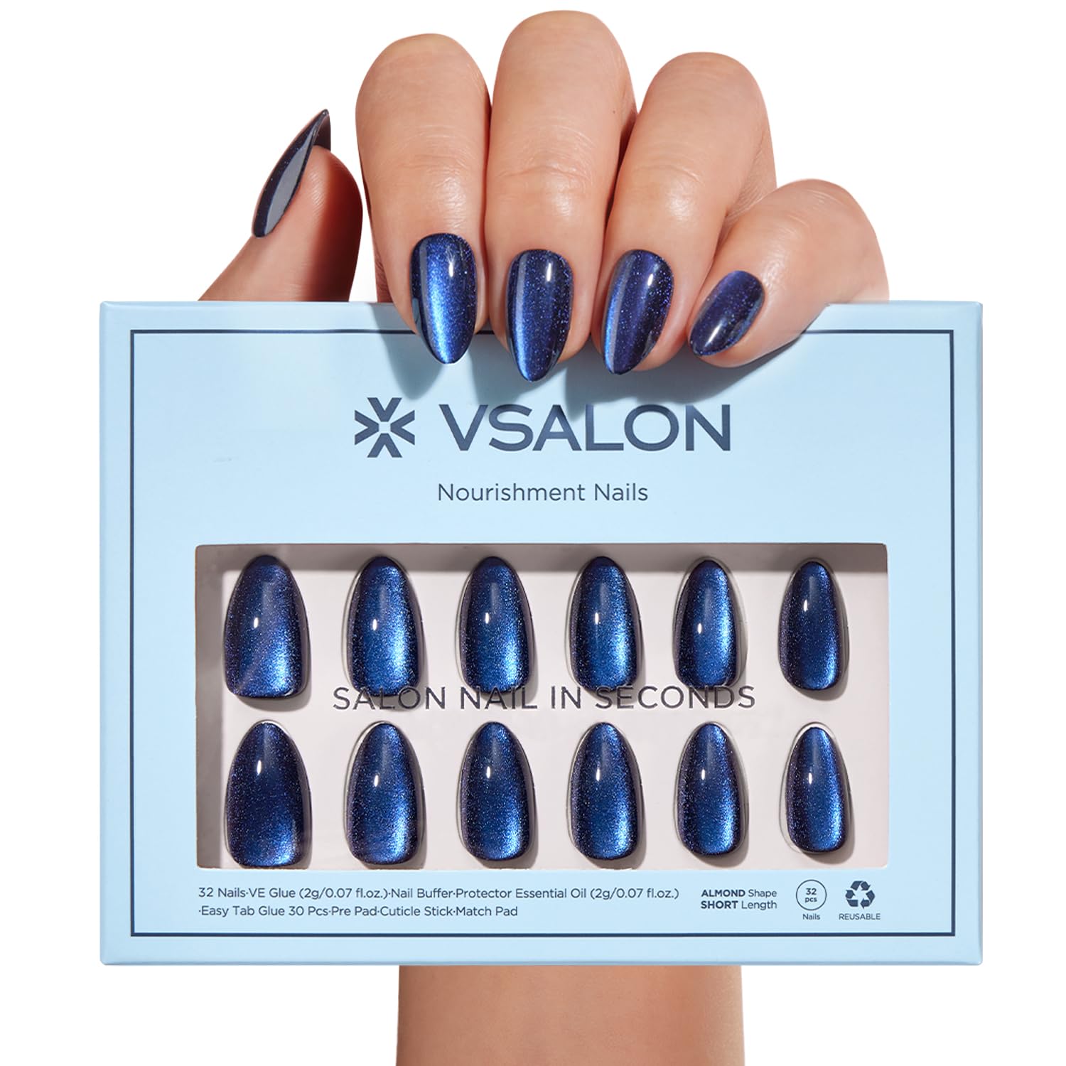 VSALON onglets adhésifs Almond bleu œil-chat chrome, éclat luxueux et application rapide.
