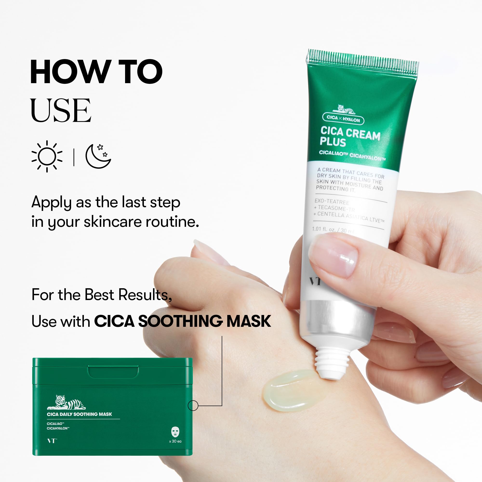 VT COSMETICS Cica Cream Plus: Utilisation quotidienne, légère et efficace sous maquillage.