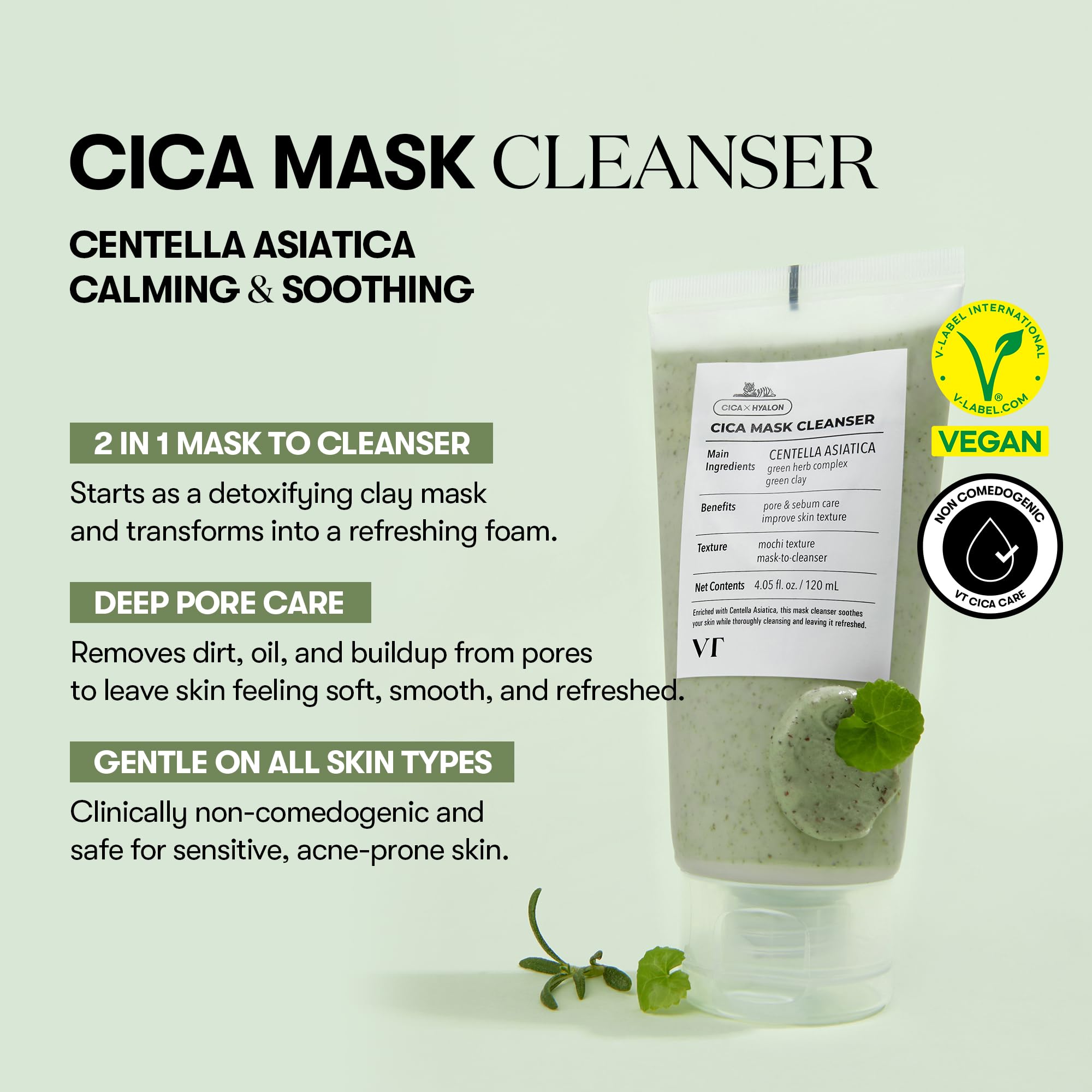 VT COSMETICS CICA Mask Cleanser – nettoyant mousseux 2-en-1 pour peau nette.