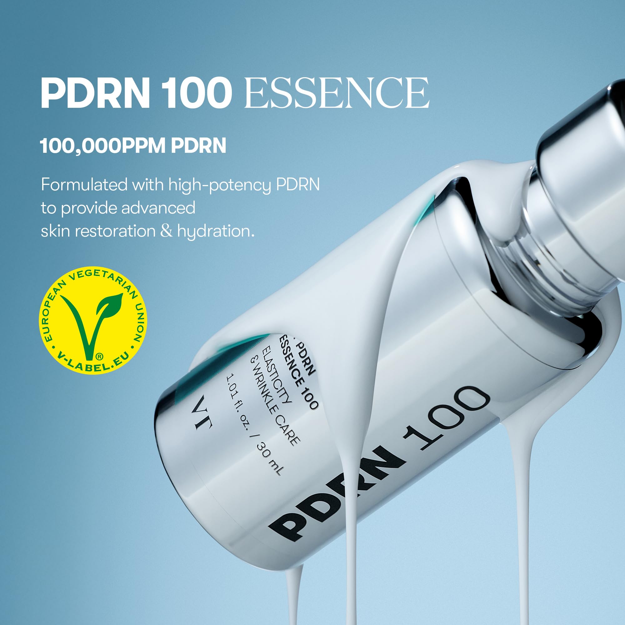 Texture laitueuse du VT COSMETICS PDRN 100 pour une application douce.