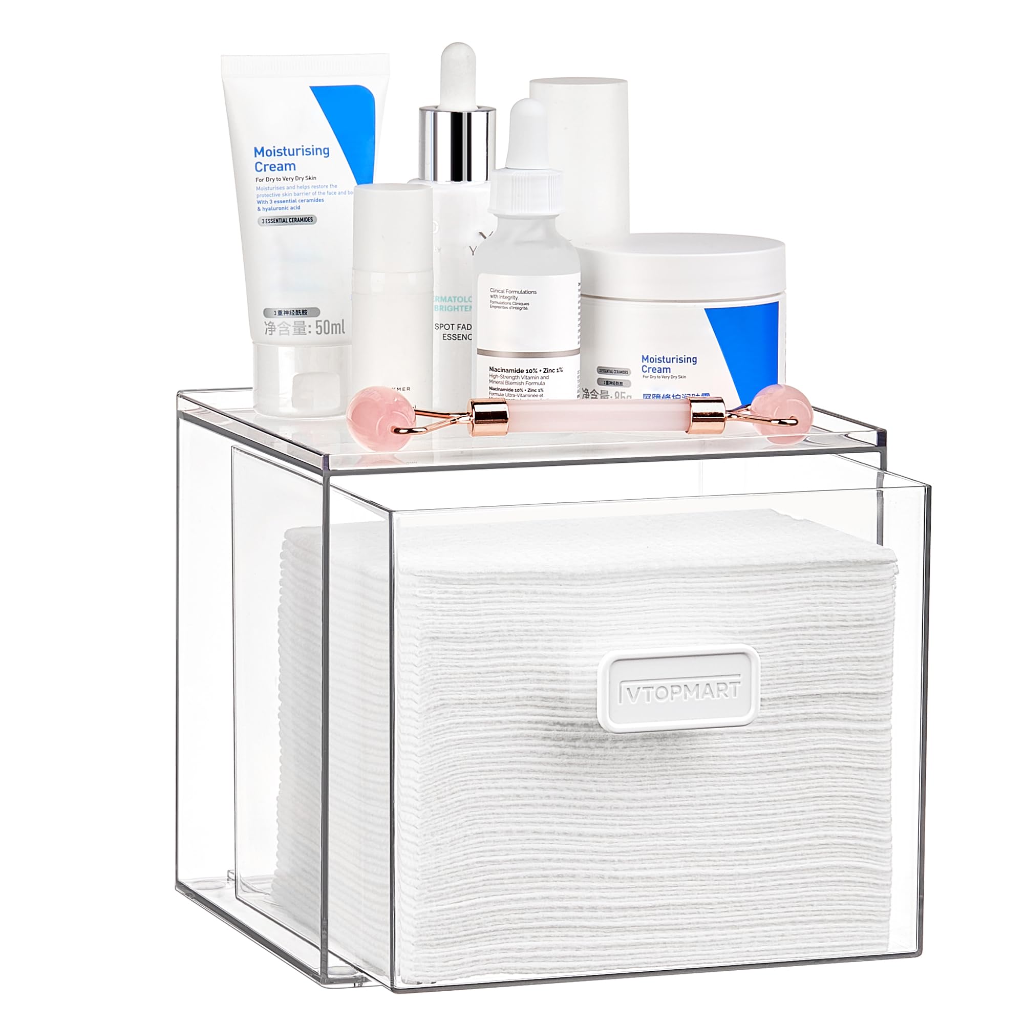 Vtopmart boîte transparente pour serviettes faciales jetables, accès rapide lors de la routine beauté.