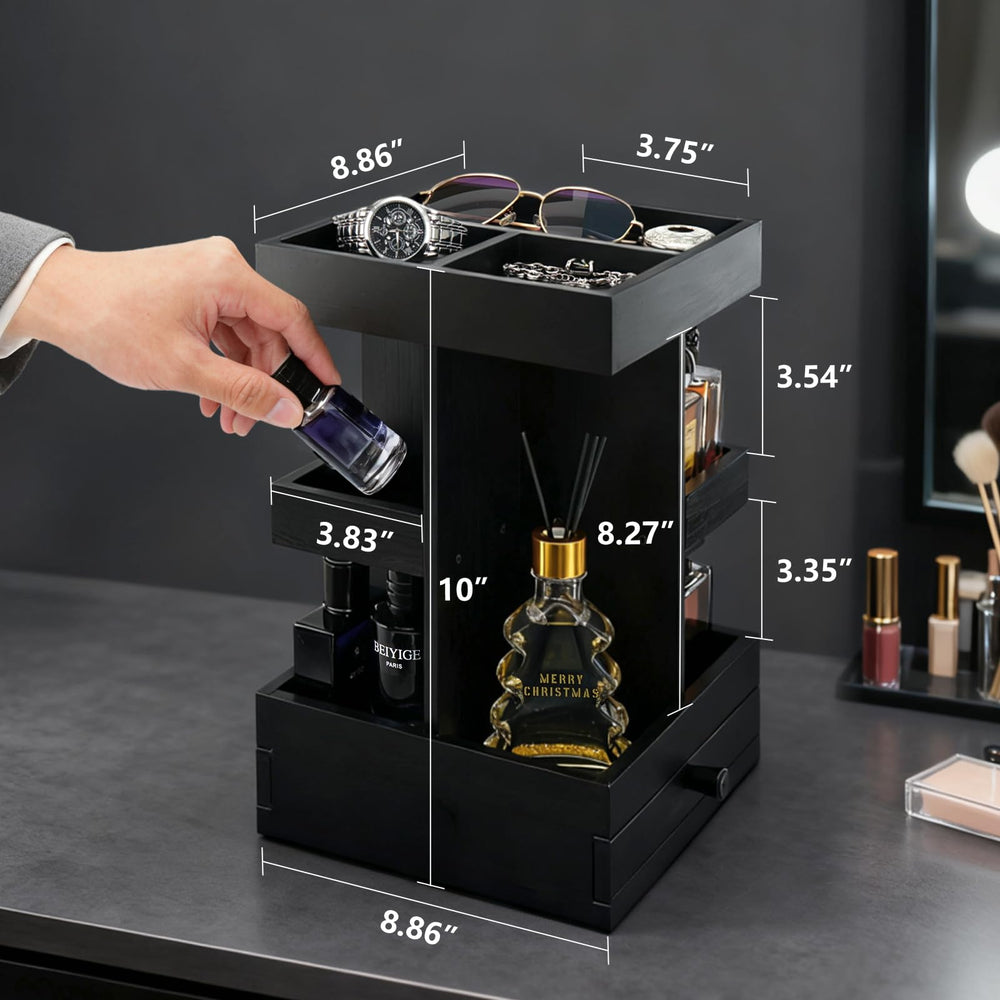 VYNOPA Présentation harmonieuse de bouteilles de parfums de tailles variées.