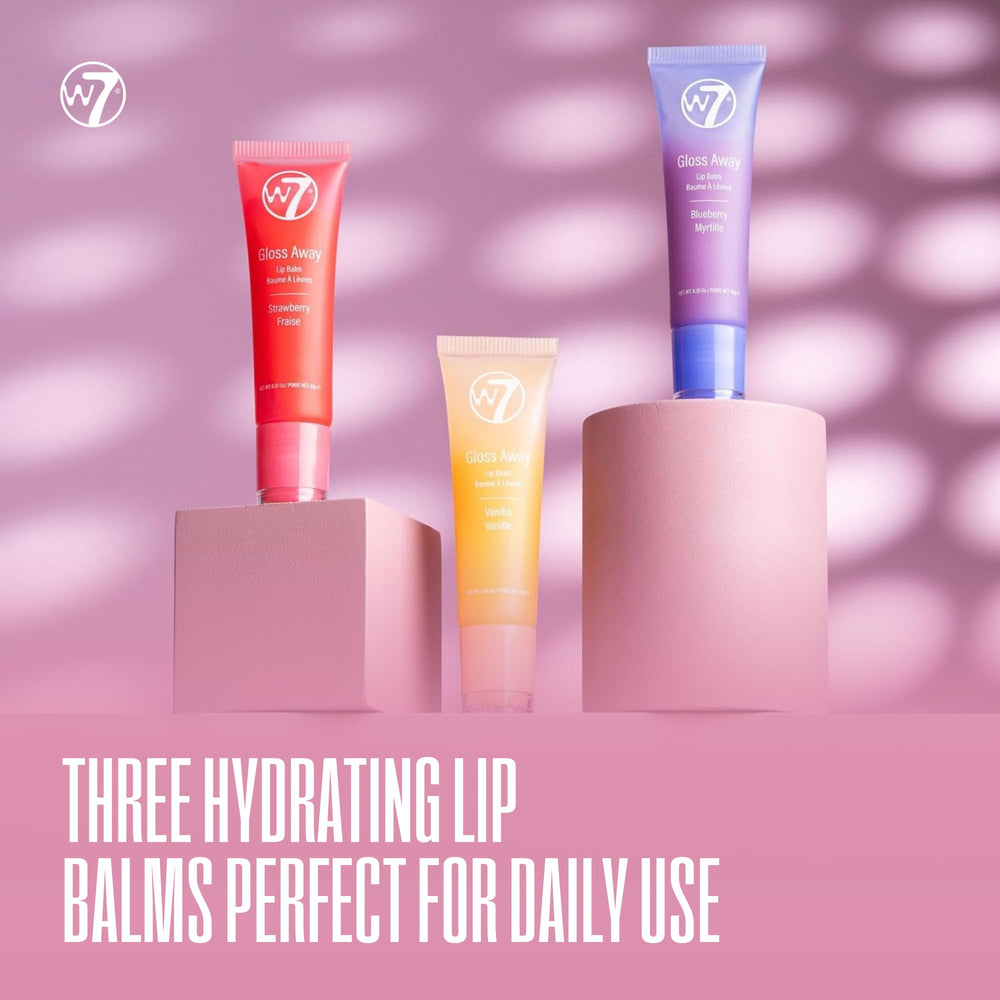 Tubes bleuets du W7 Gloss Away Trio pour hydratation durable.