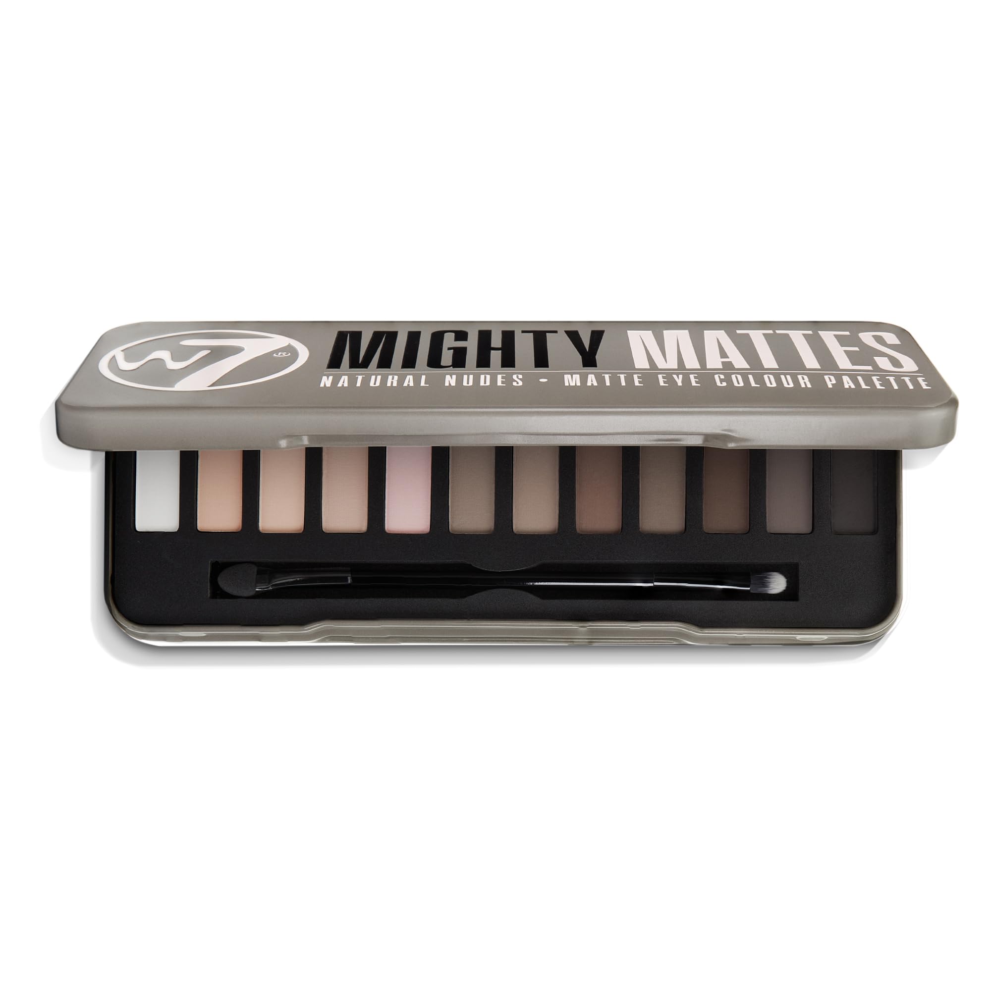 Palette W7 Mighty Matte Yeux 12 teintes nude, mélange facile pour dégradés subtils.