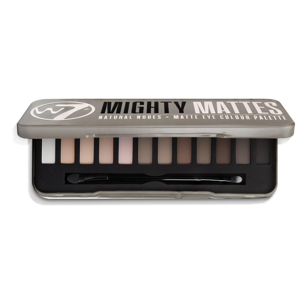 Palette W7 Mighty Matte Yeux 12 teintes nude, mélange facile pour dégradés subtils.