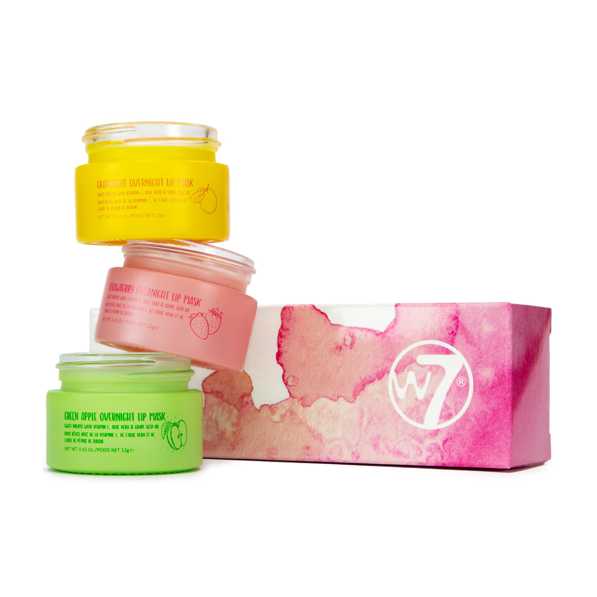 Masque lèvres W7 trio emballage cadeau, soin pratique et élégant.
