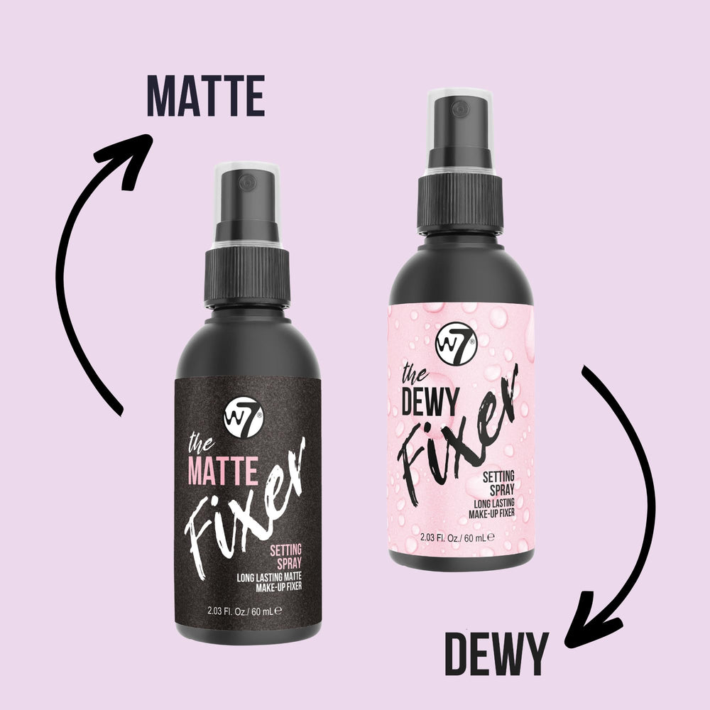 W7 The Fixer – modele visage affichant éclat naturel grâce à la brume.