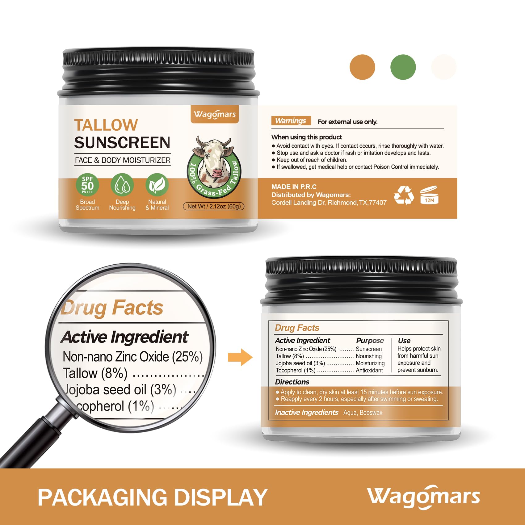 Wagomars Écran Solaire Tallow texture non-grasse : application légère et absorption rapide.