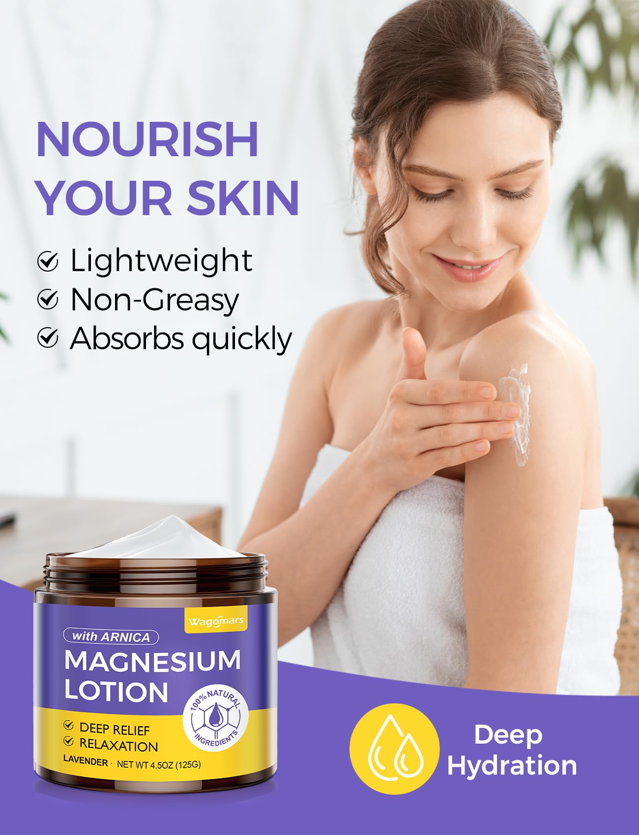 Wagomars Lotion Magnésium – texture légère et non grasse.