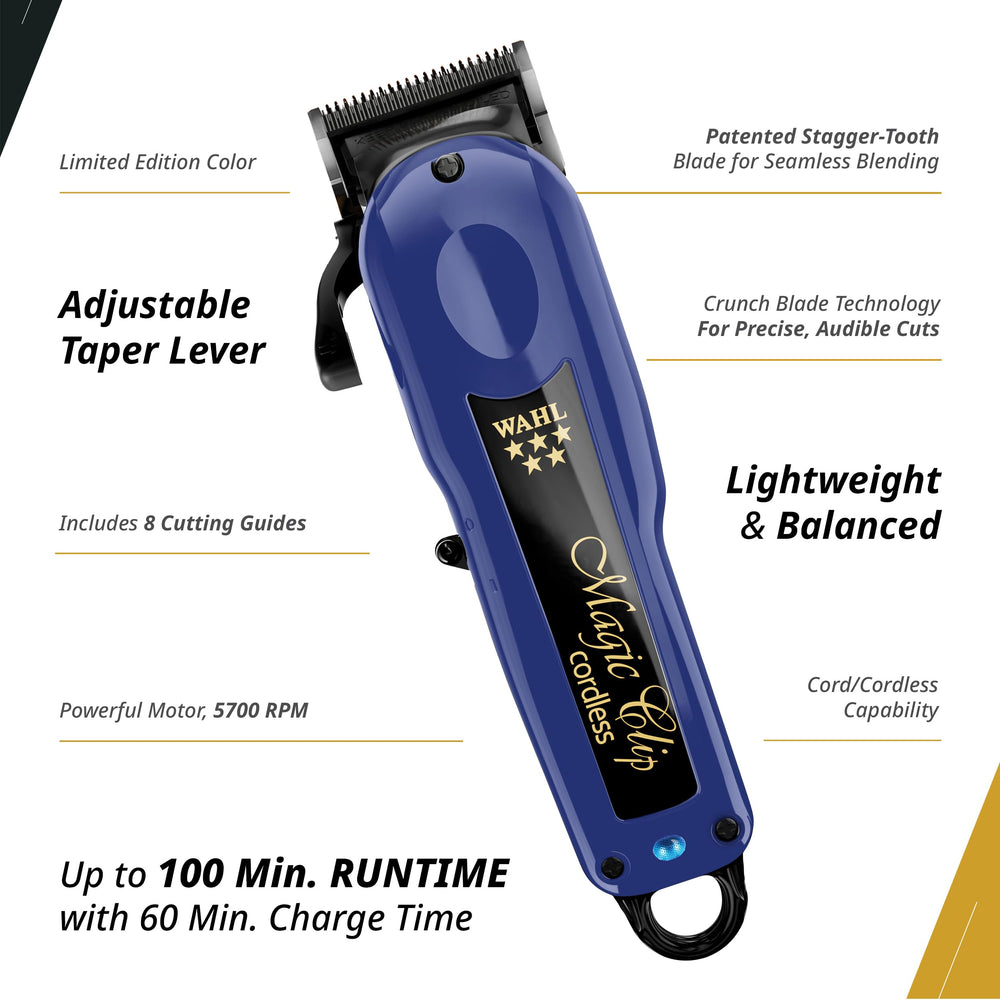 Wahl Professionnel Magic Clip batterie lithium-ion offrant 100 minutes d'autonomie.