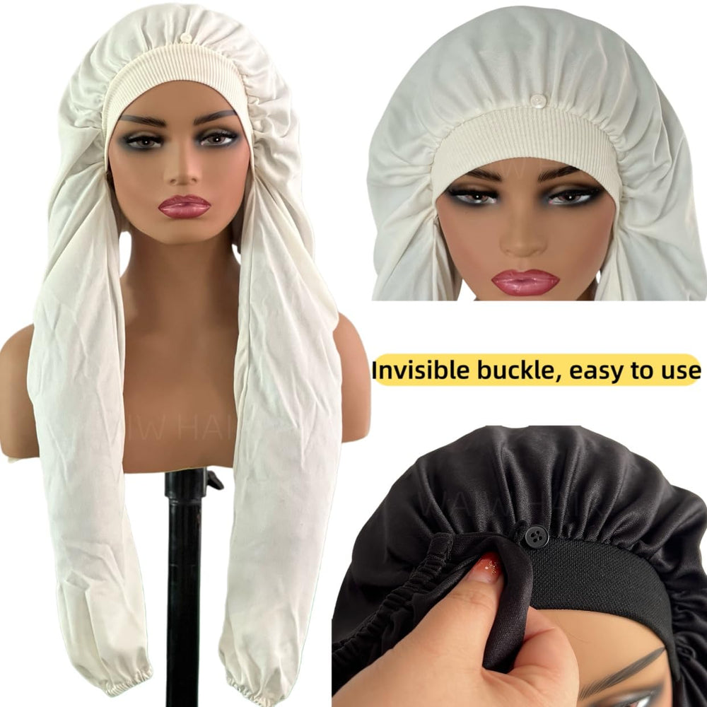 Bonnet anti-frisottis WAIW HAIR aide à éviter les frisottis au réveil.