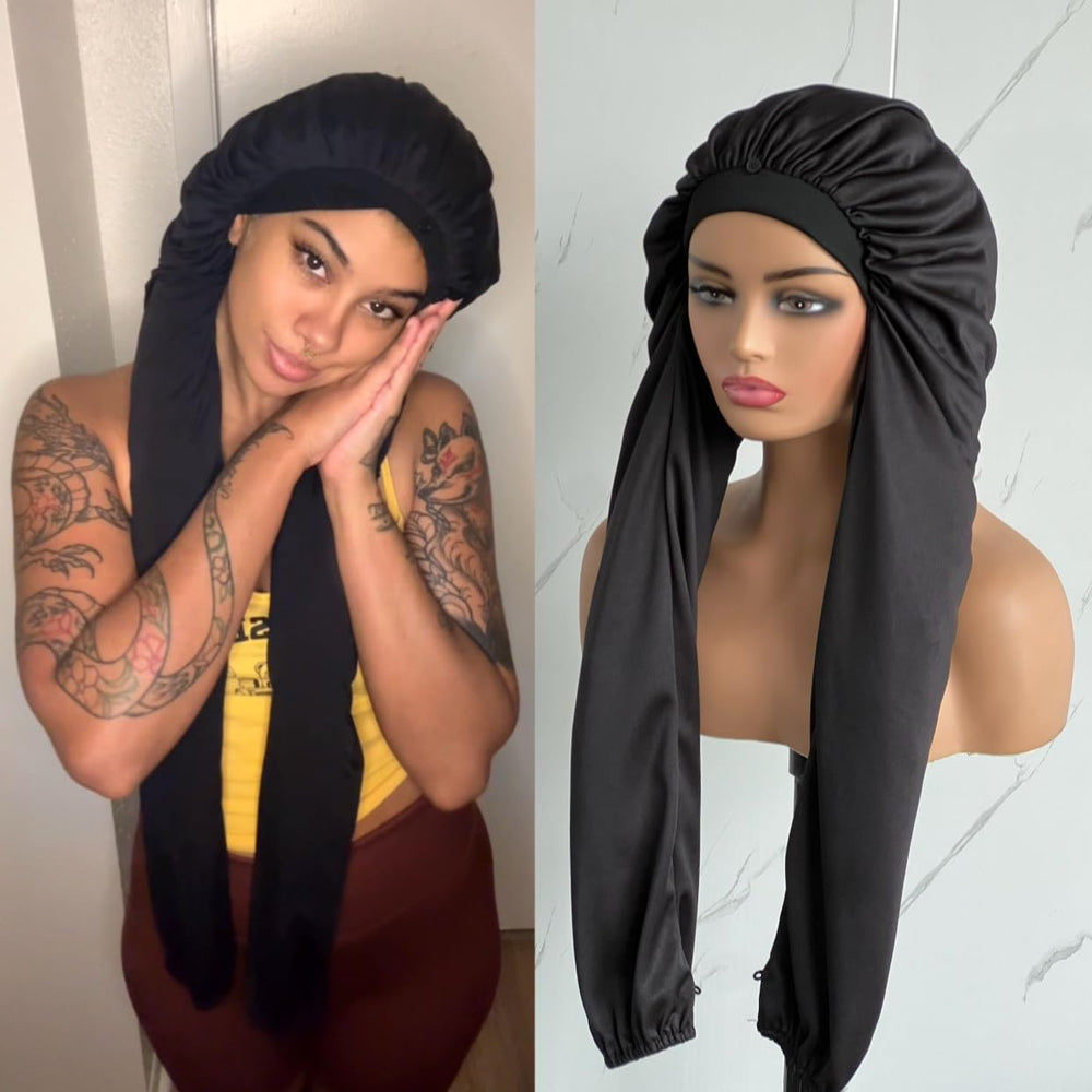 Bonnet long WAIW HAIR noir protège les longueurs pendant le sommeil.