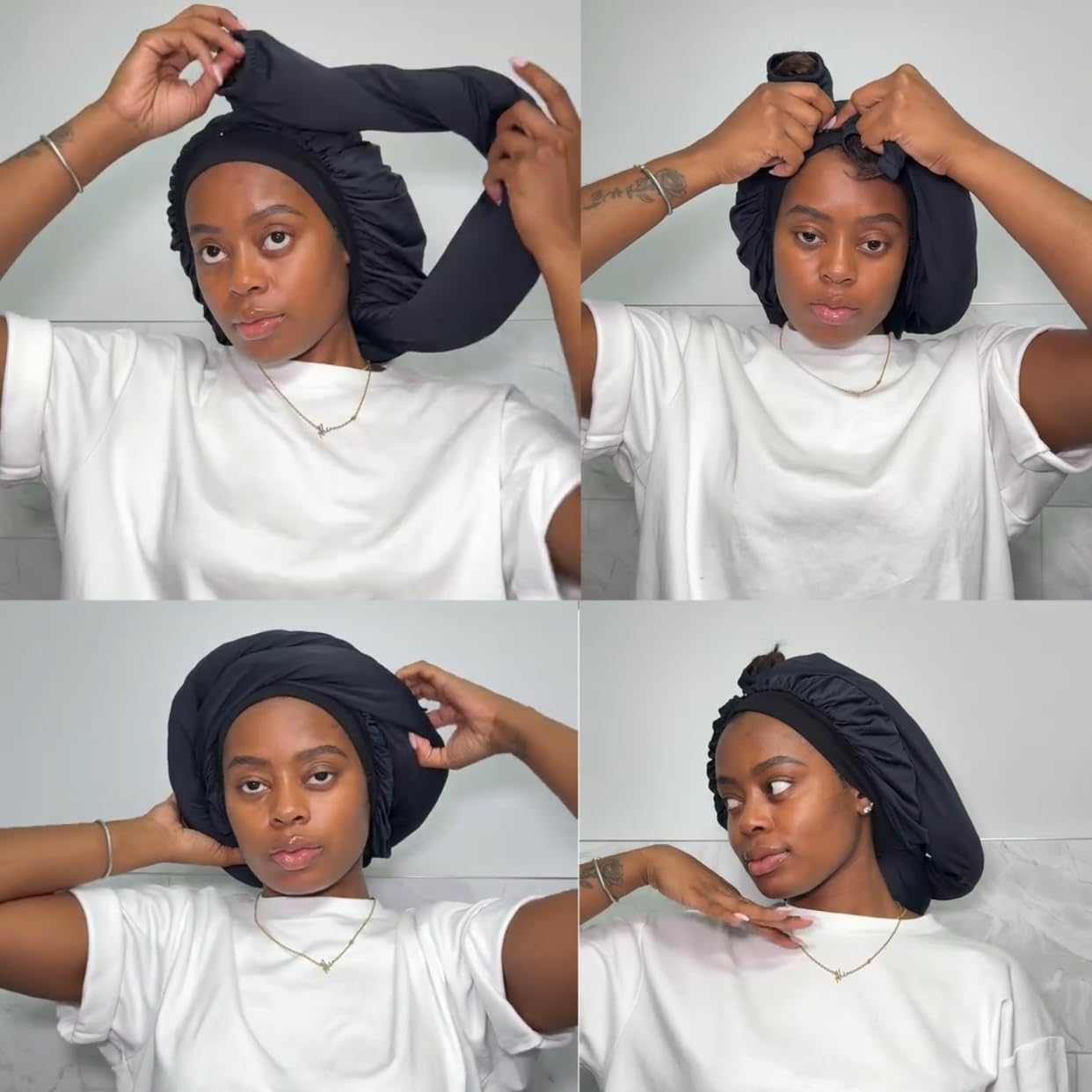 Bonnet long WAIW HAIR noir protège les cheveux longs pendant la nuit.