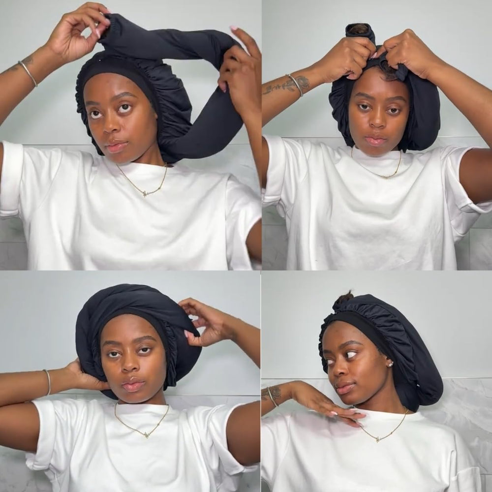 Bonnet long WAIW HAIR noir protège les cheveux longs pendant la nuit.