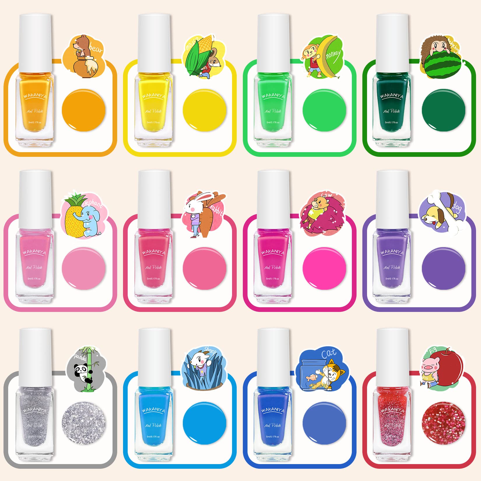 Bouteilles de vernis wakaniya pour enfants, lot complet et couleurs vives.