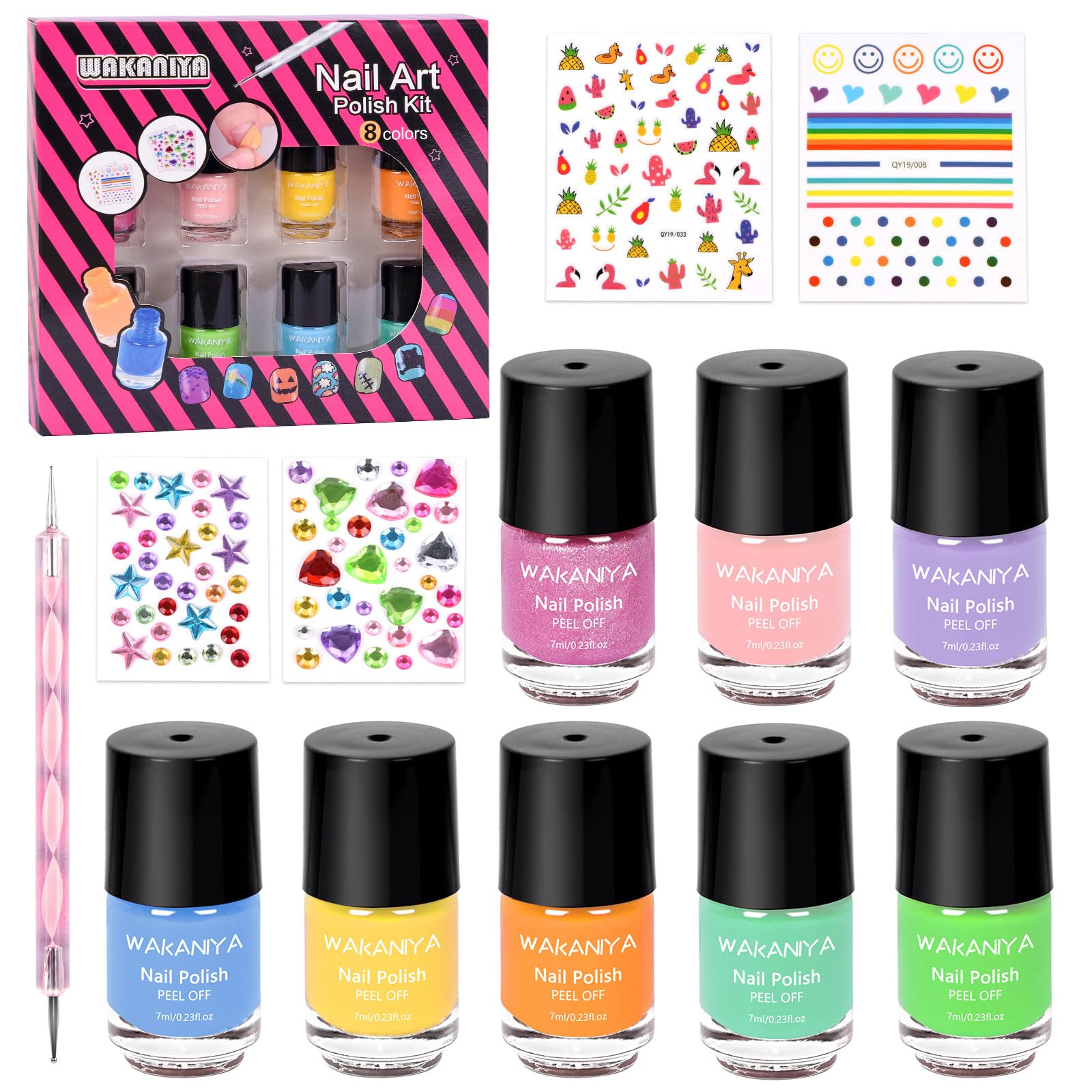 Vernis wakaniya pour enfants, 8 couleurs, application facile et séchage rapide.