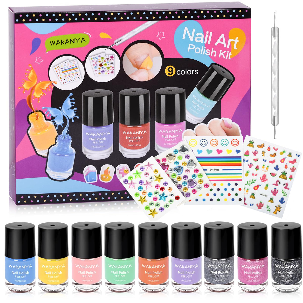 wakaniya kit vernis enfants 9 couleurs, expérience rapide et amusante pour petites mains